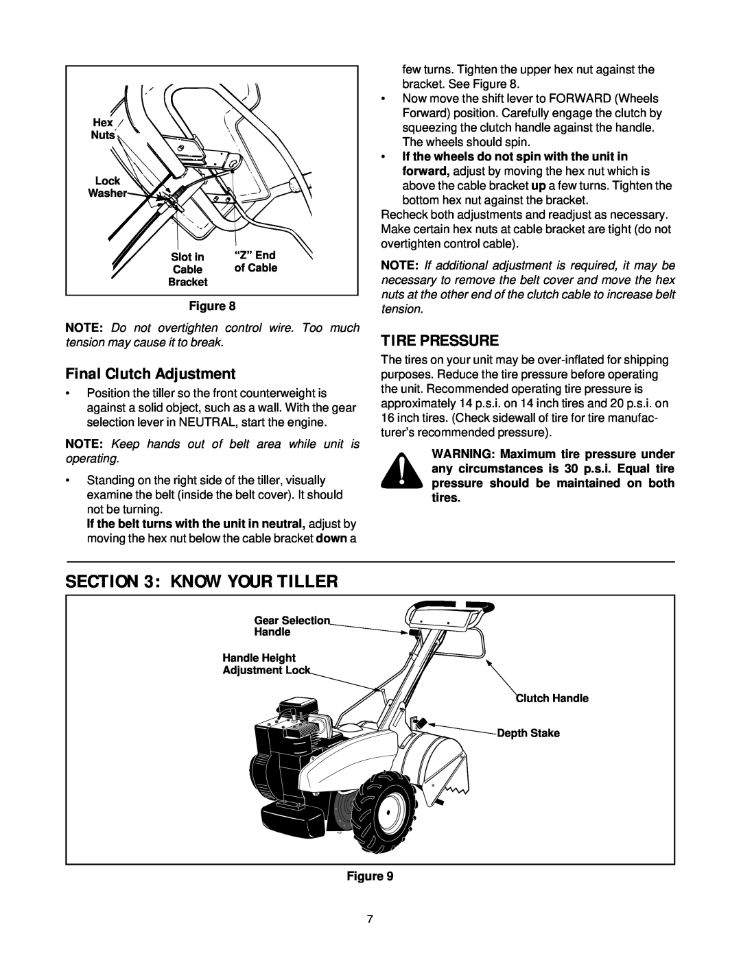 White Outdoor RB-530 manual Know Your Tiller, Final Clutch Adjustment, Tire Pressure 