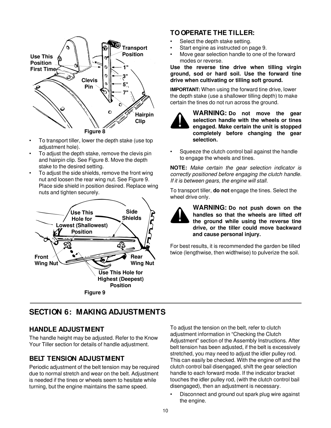 White Outdoor RB650 manual Making Adjustments, To Operate the Tiller, Belt Tension Adjustment 