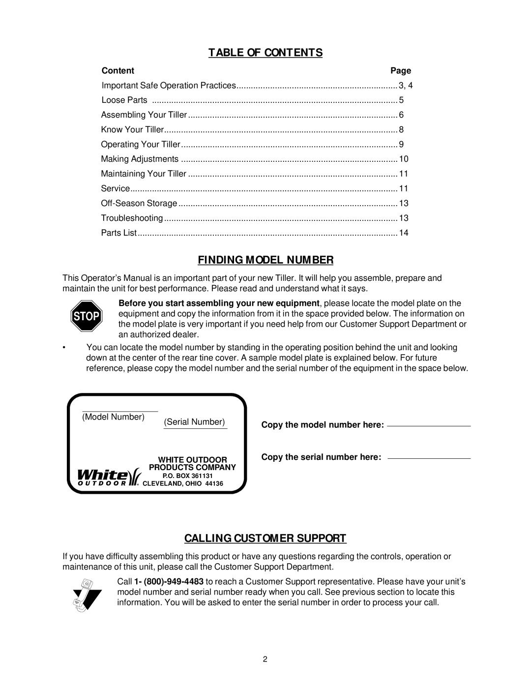White Outdoor RB650 manual Table of Contents, Finding Model Number, Calling Customer Support 