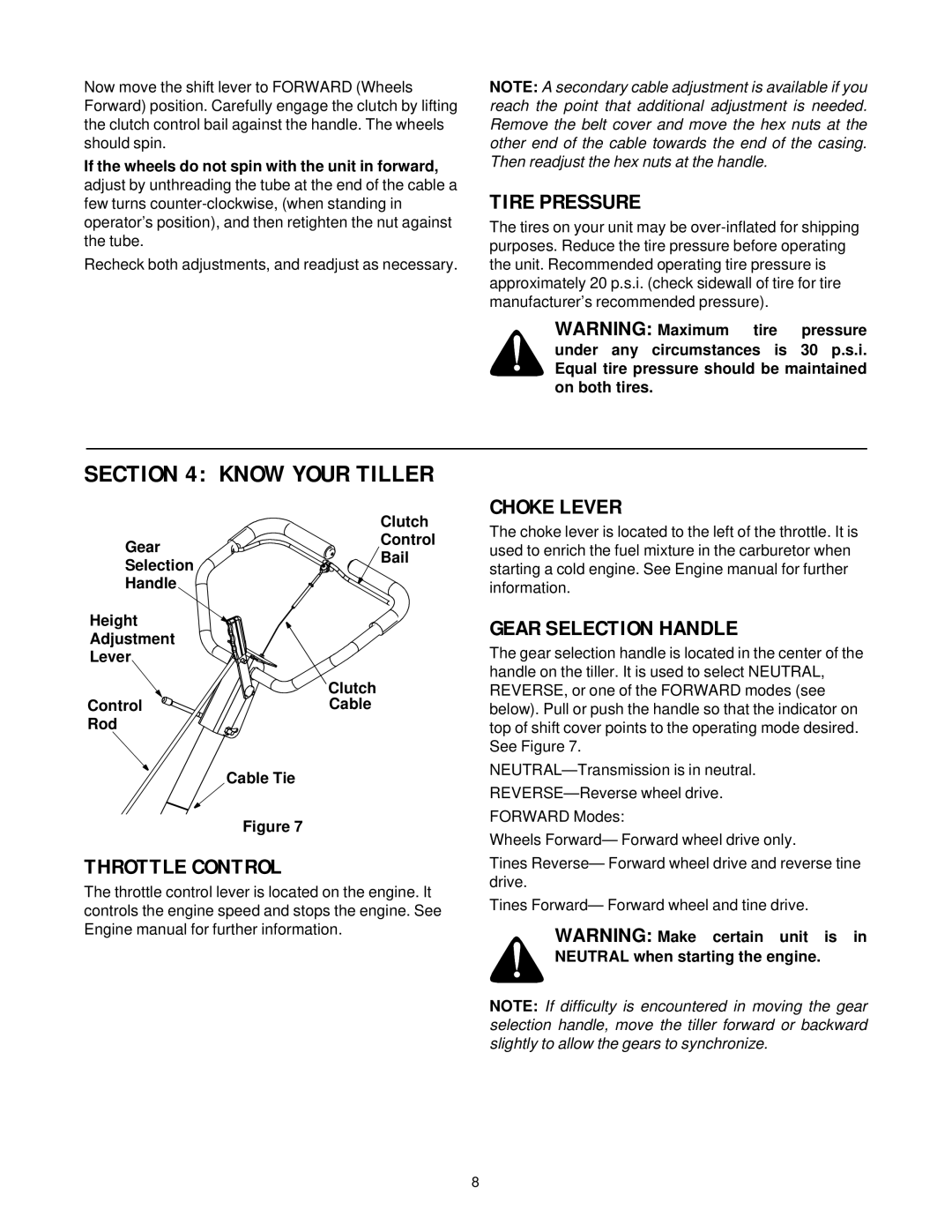 White Outdoor RB650 manual Tire Pressure, Know Your Tiller, Choke Lever, Gear Selection Handle, Throttle Control 