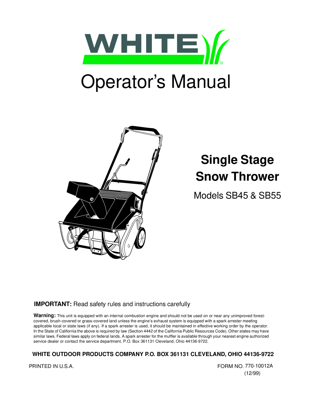 White Outdoor SB 45 manual Operator’s Manual 