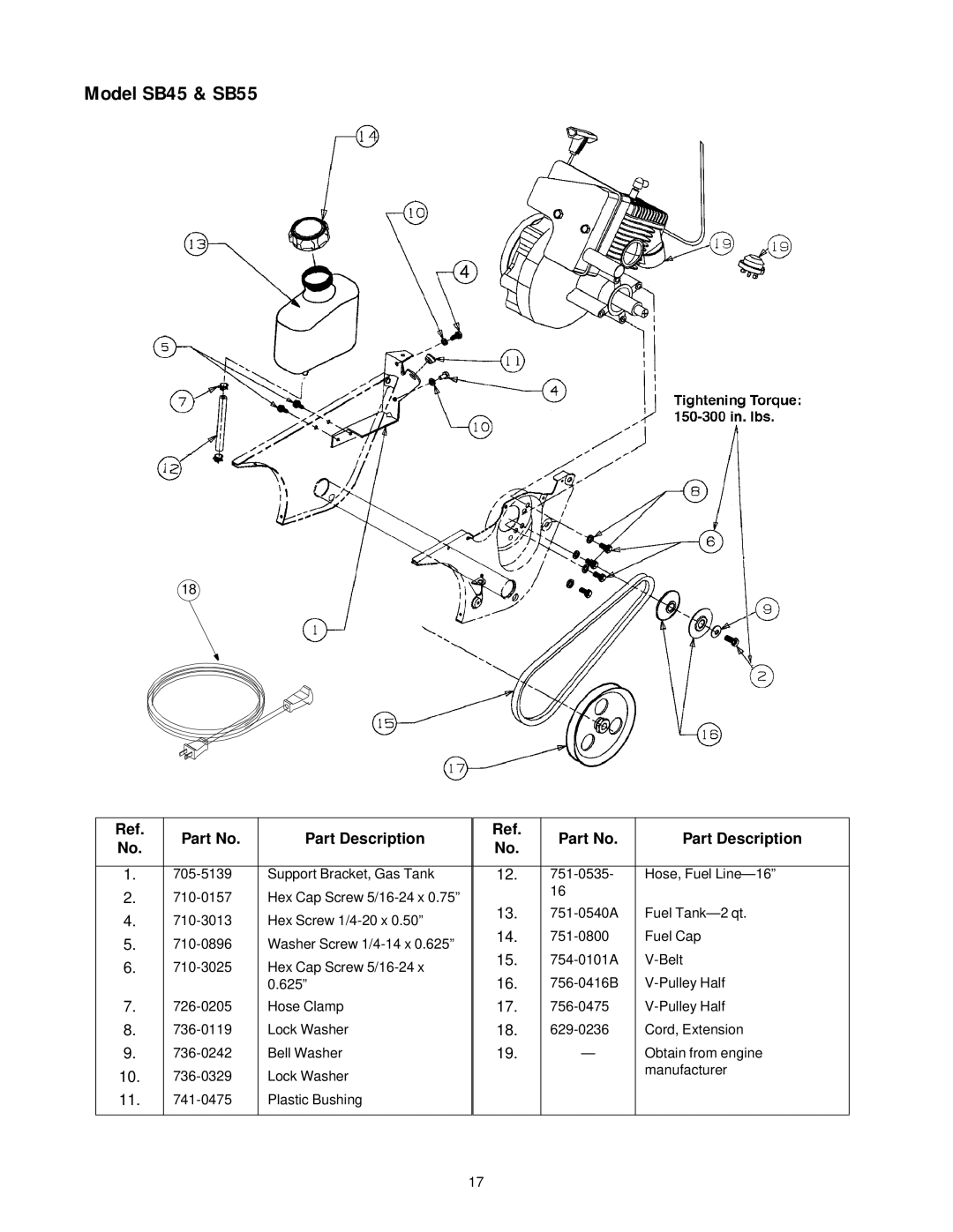 White Outdoor SB 45 manual 12 -0535- Hose, Fuel Line 13 -0540A Fuel Tank- 2 qt 751-0800 