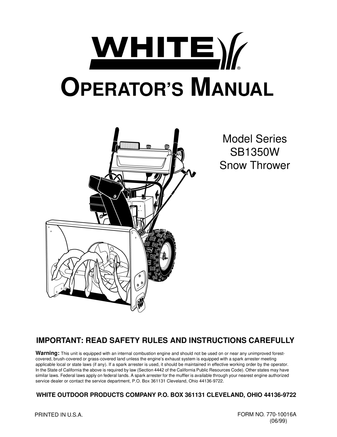 White Outdoor SB1350W manual OPERATOR’S Manual, Important Read Safety Rules and Instructions Carefully 