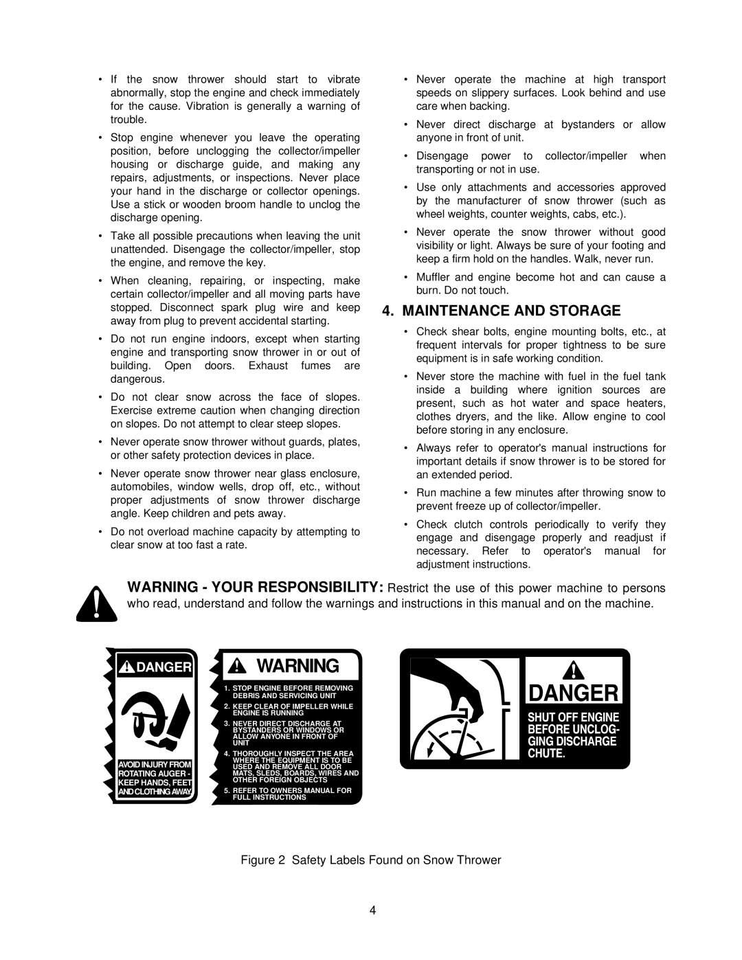 White Outdoor SB1350W manual Maintenance and Storage, Safety Labels Found on Snow Thrower 