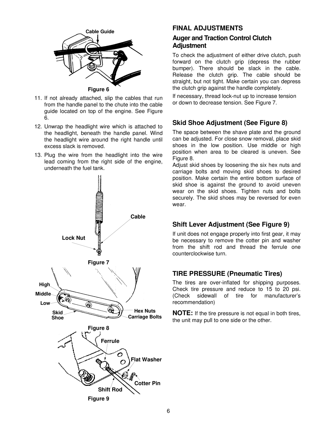 White Outdoor SB1350W Final Adjustments, Auger and Traction Control Clutch Adjustment, Skid Shoe Adjustment See Figure 