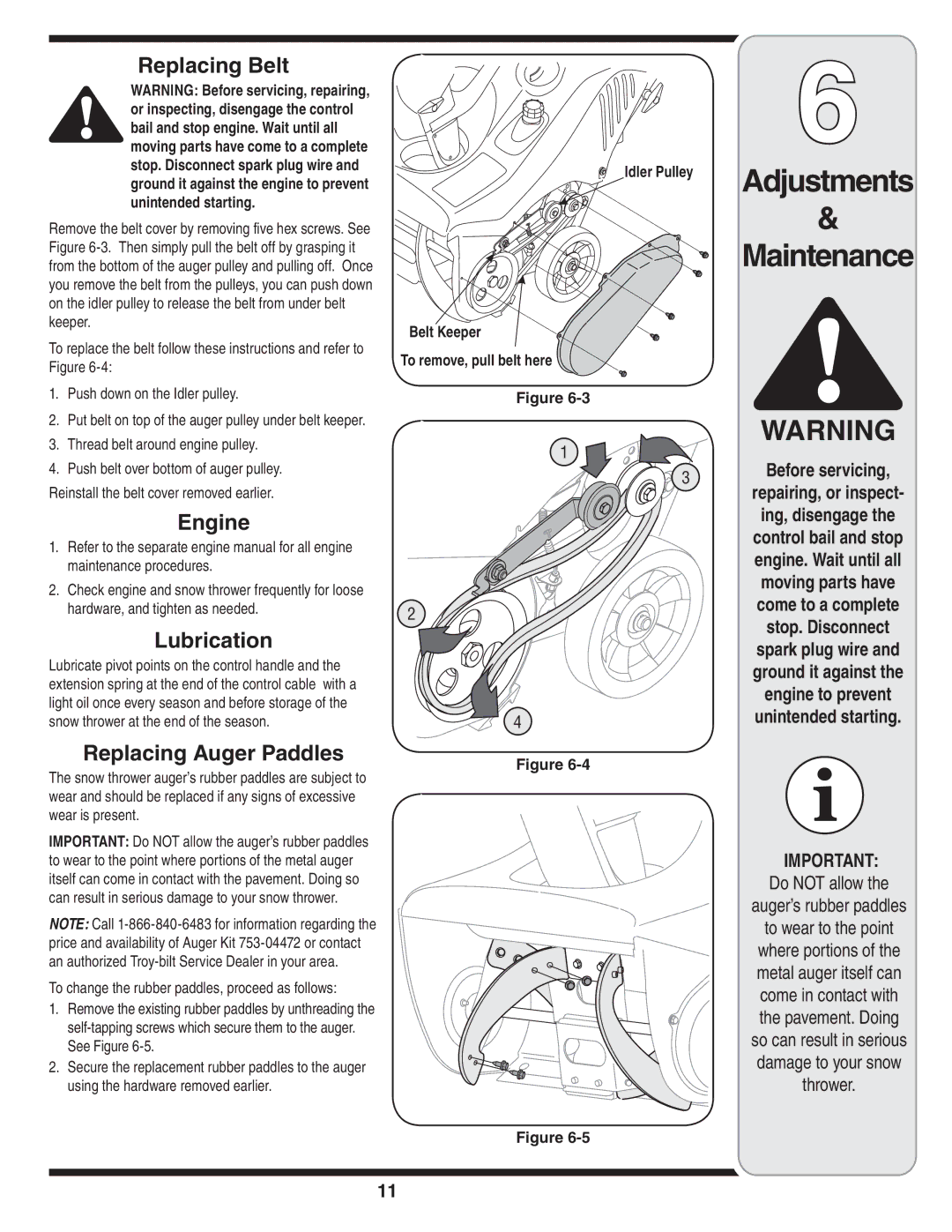 White Outdoor Single-Stage Snow Thrower warranty Replacing Belt, Engine, Lubrication, Replacing Auger Paddles 