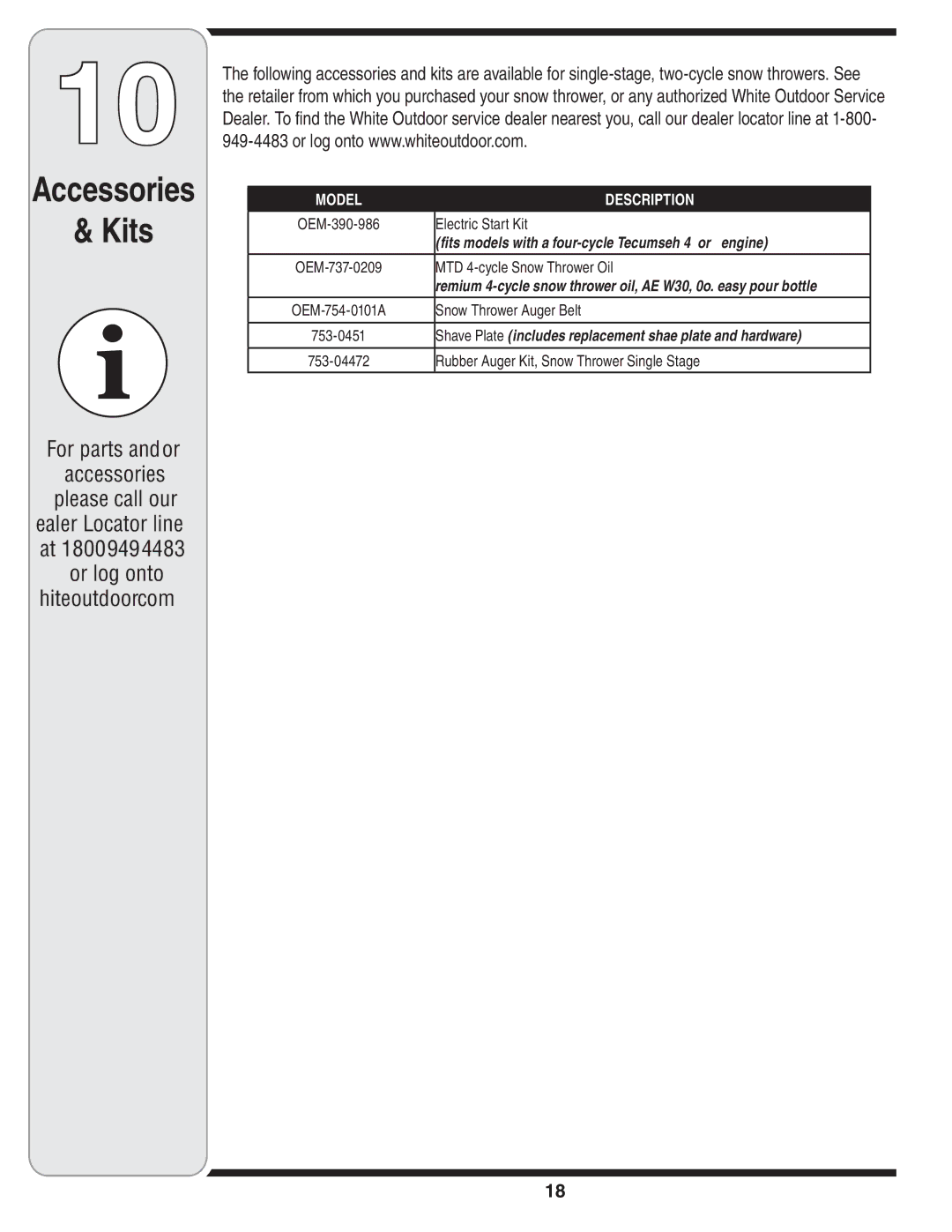 White Outdoor Single-Stage Snow Thrower warranty Kits 