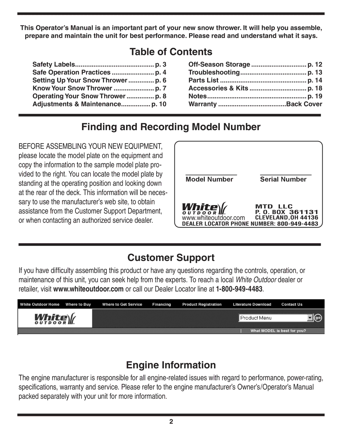 White Outdoor Single-Stage Snow Thrower warranty Table of Contents 