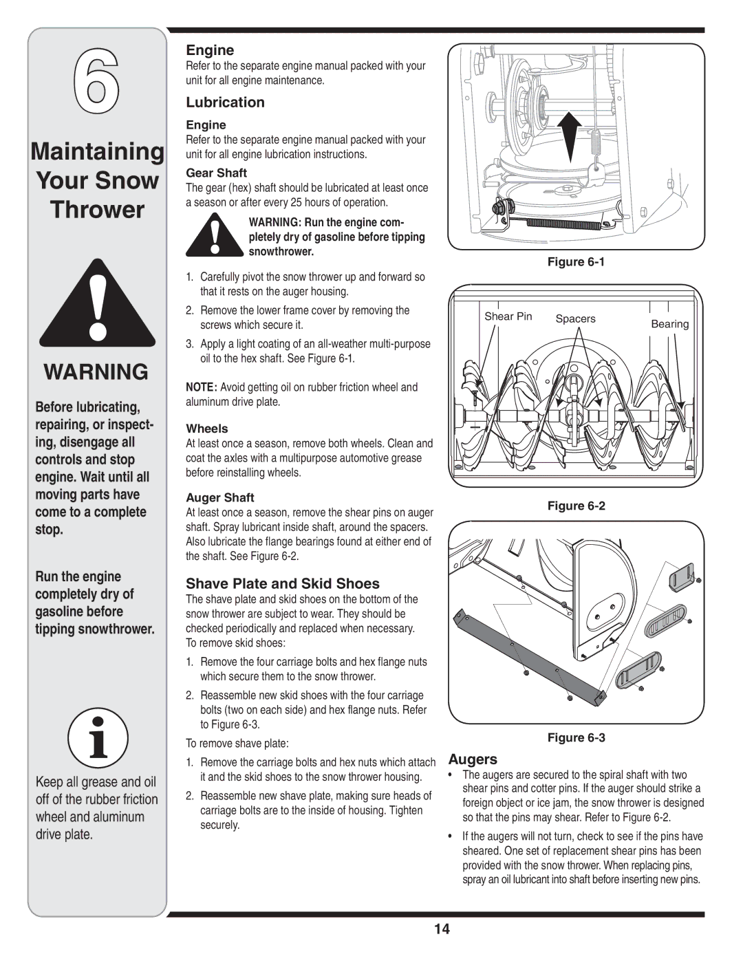 White Outdoor Two Stage Snow Blower warranty Maintaining Your Snow Thrower, Engine, Lubrication, Shave Plate and Skid Shoes 