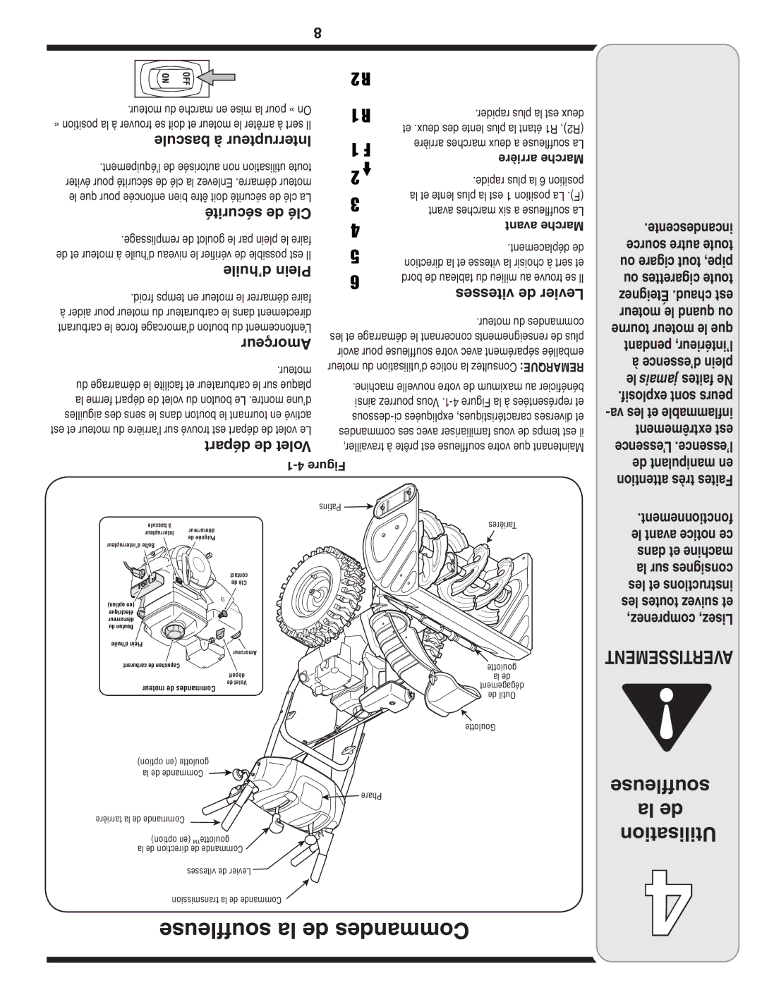 White Outdoor Two Stage Snow Blower warranty Amorçeur, Tourne moteur le que, La sur consignes, Les et instructions 