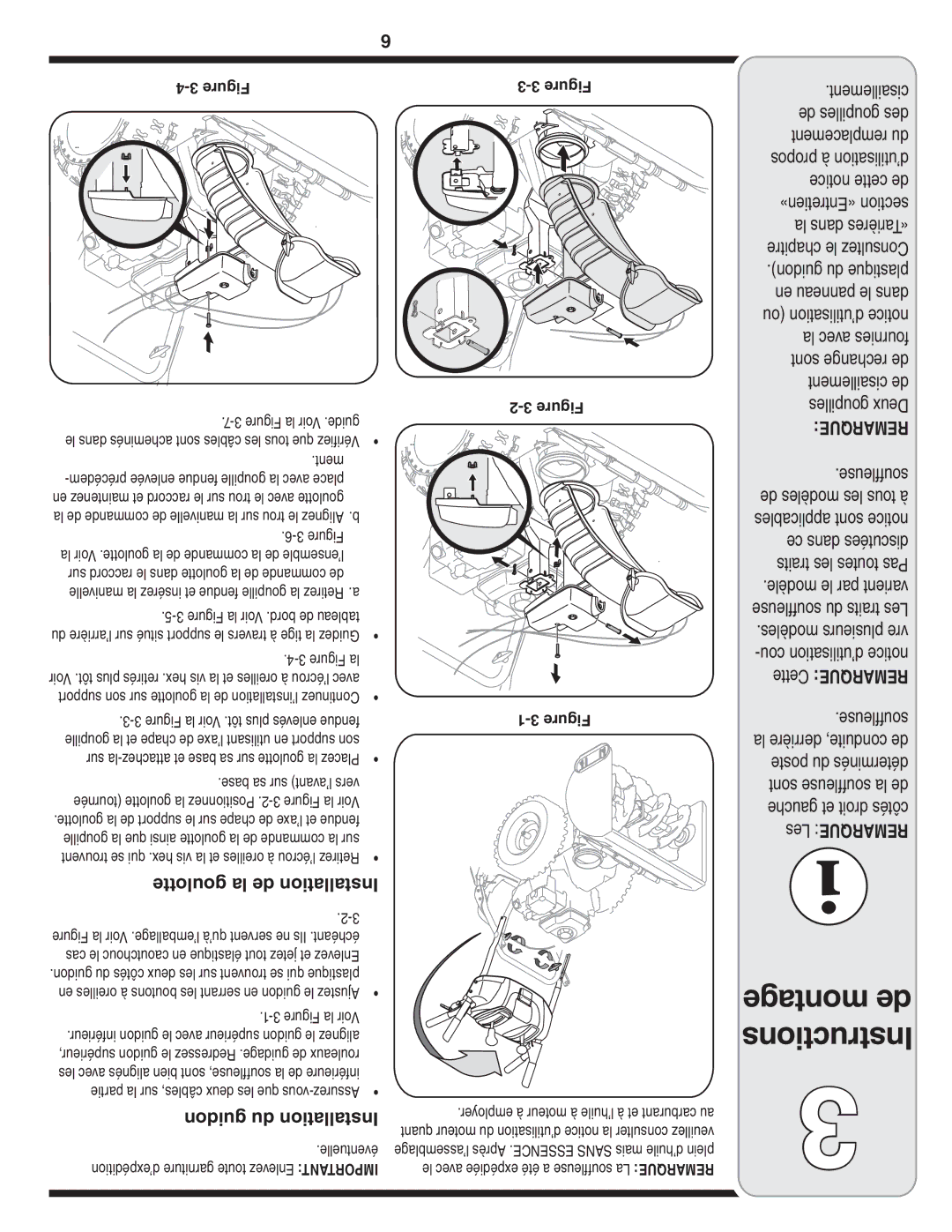 White Outdoor Two Stage Snow Blower warranty Montage de, Instructions, Goulotte la de Installation, Guidon du Installation 