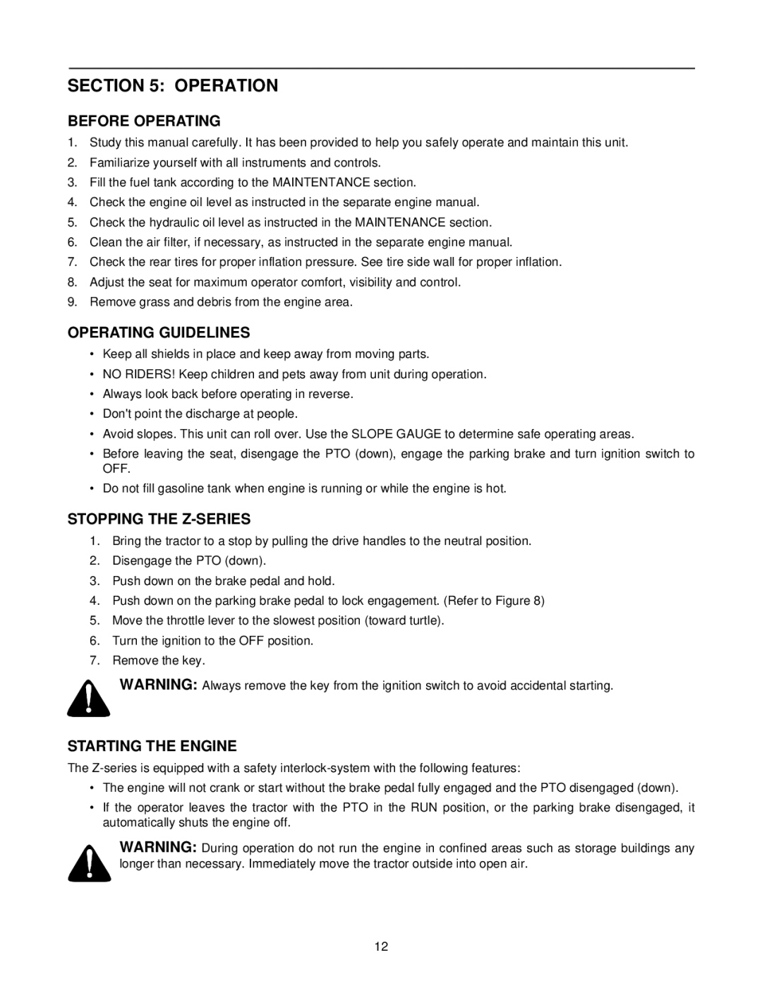 White Outdoor Z - 165 manual Operation, Before Operating, Operating Guidelines, Stopping the Z-SERIES, Starting the Engine 