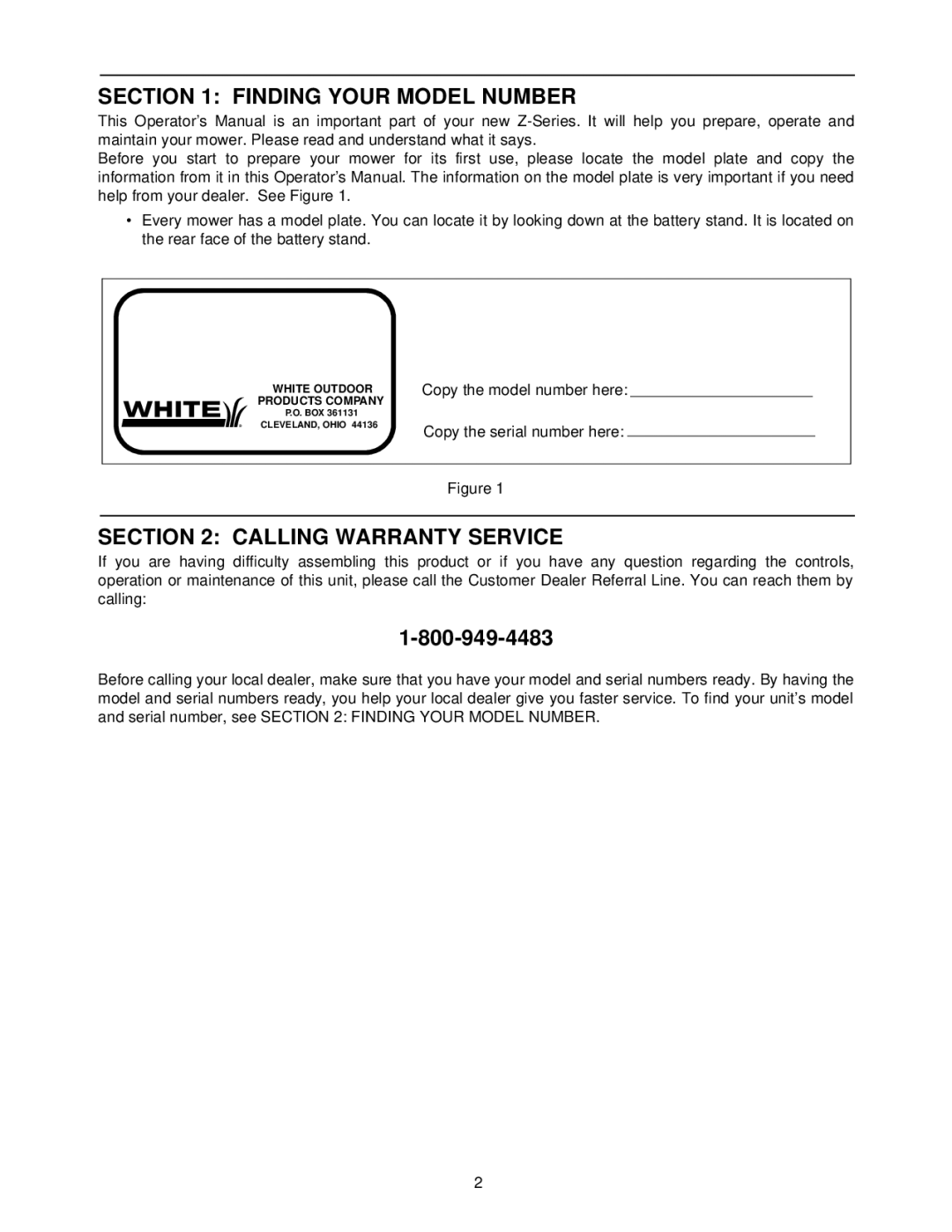 White Outdoor Z - 165 manual Finding Your Model Number, Calling Warranty Service 