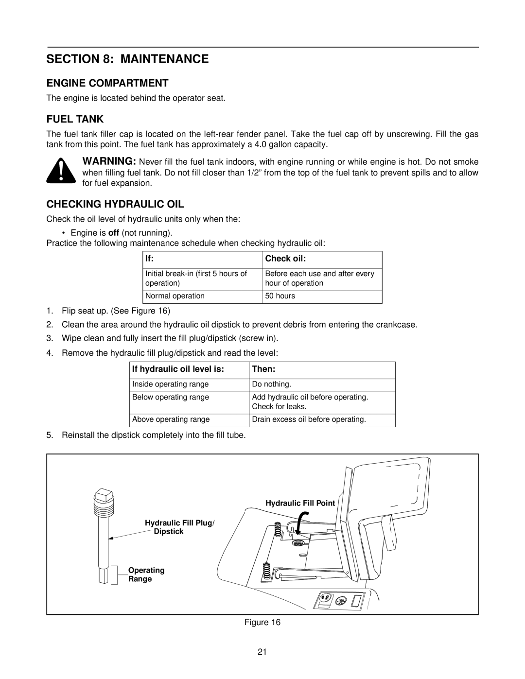 White Outdoor Z - 165 manual Maintenance, Engine Compartment, Fuel Tank, Checking Hydraulic OIL 