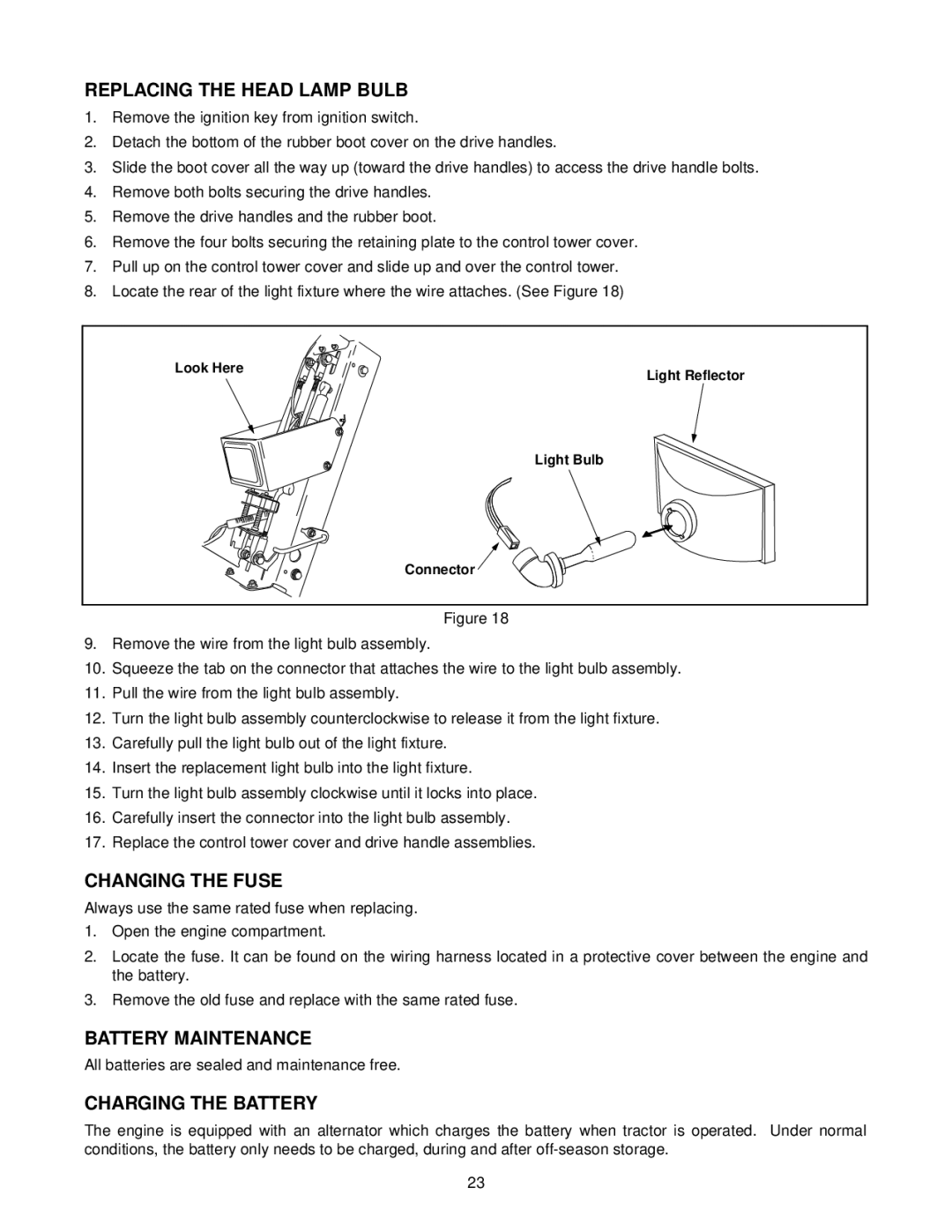 White Outdoor Z - 165 manual Replacing the Head Lamp Bulb, Changing the Fuse, Battery Maintenance, Charging the Battery 