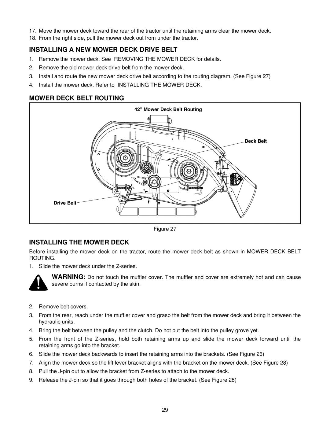 White Outdoor Z - 165 manual Installing a NEW Mower Deck Drive Belt, Mower Deck Belt Routing, Installing the Mower Deck 