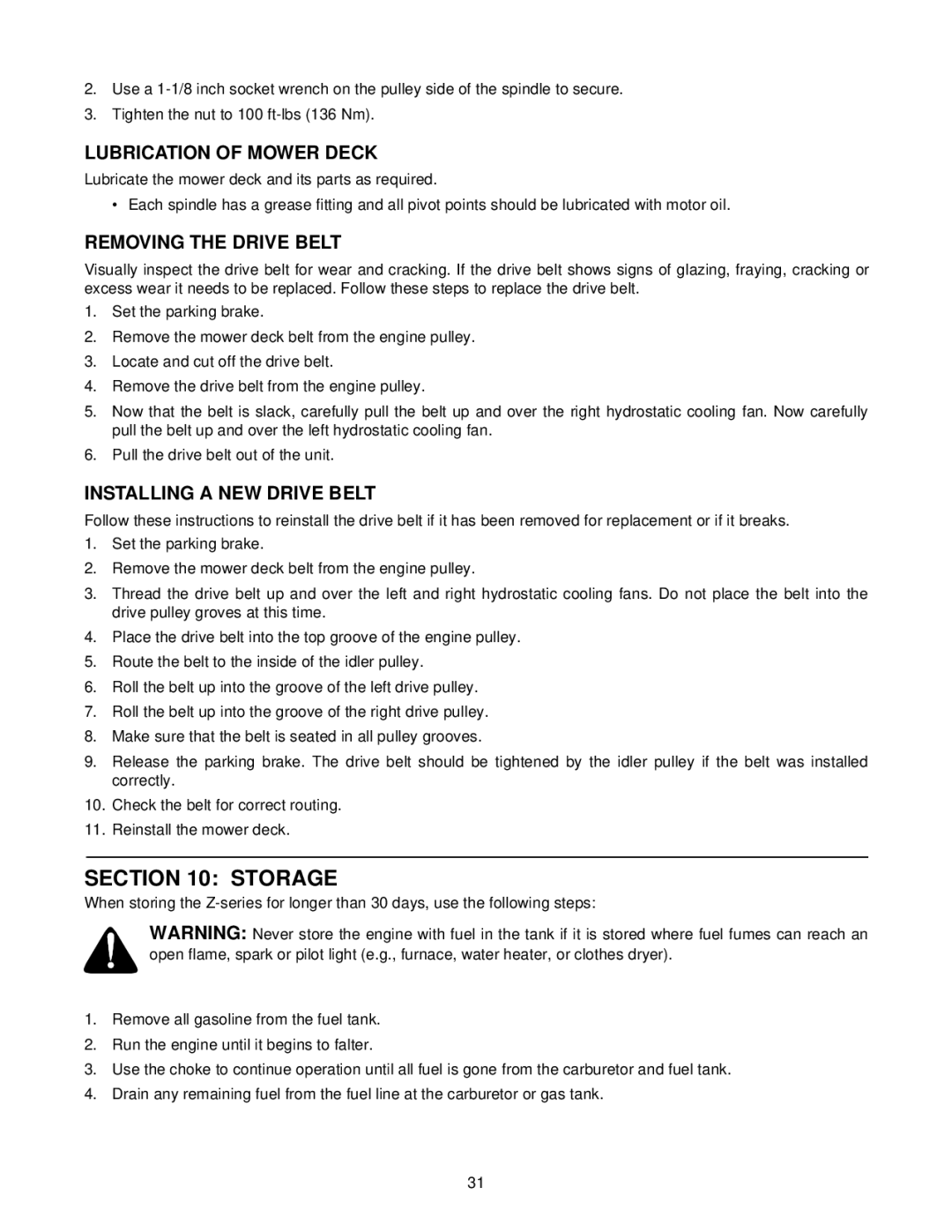 White Outdoor Z - 165 manual Storage, Lubrication of Mower Deck, Removing the Drive Belt, Installing a NEW Drive Belt 