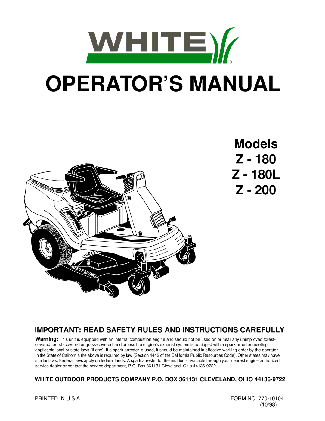 White Outdoor Z - 180, Z - 180L, Z - 200 manual OPERATOR’S Manual, Important Read Safety Rules and Instructions Carefully 