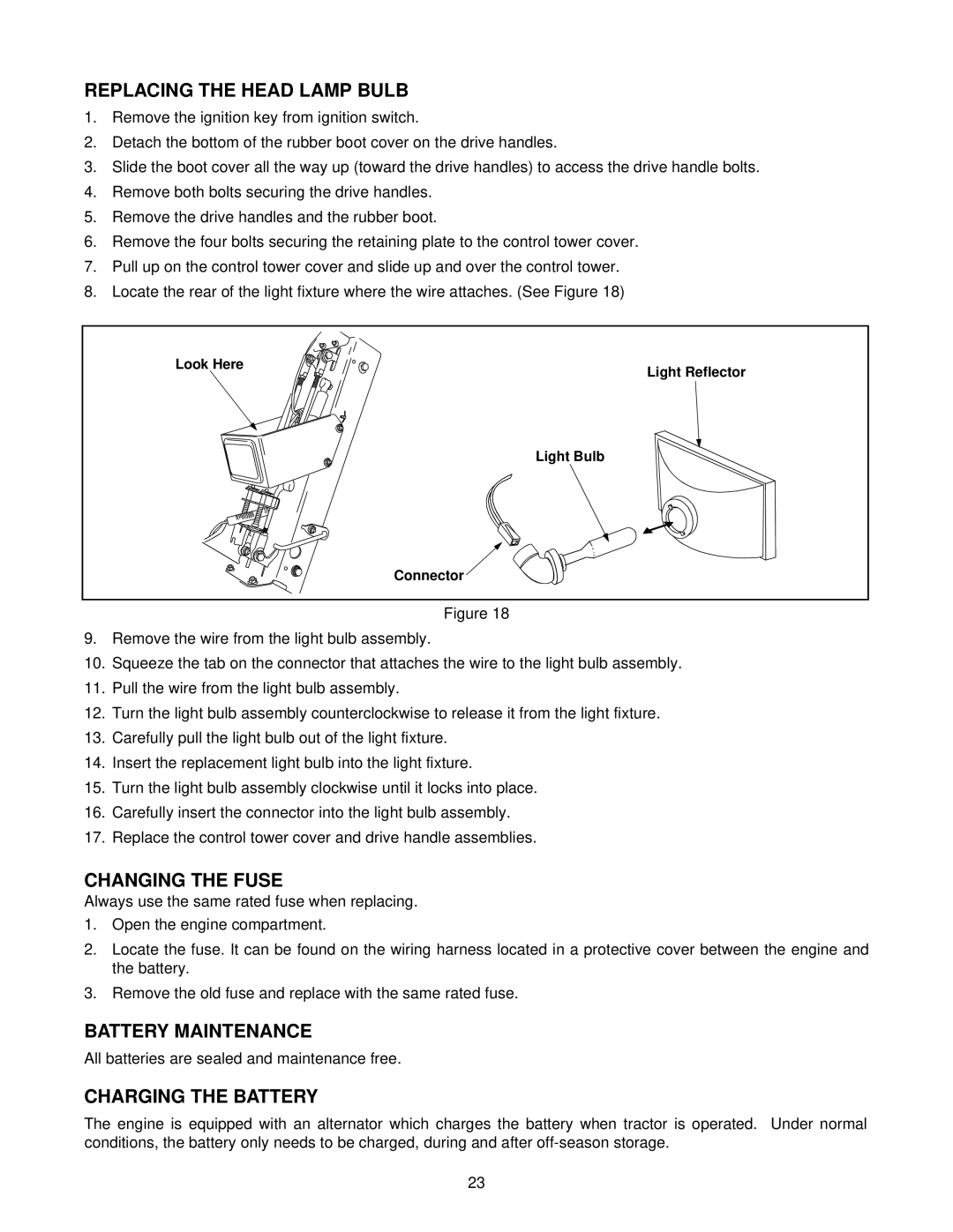 White Outdoor Z-185L, Z-205, Z-225 manual Replacing the Head Lamp Bulb, Changing the Fuse, Battery Maintenance 