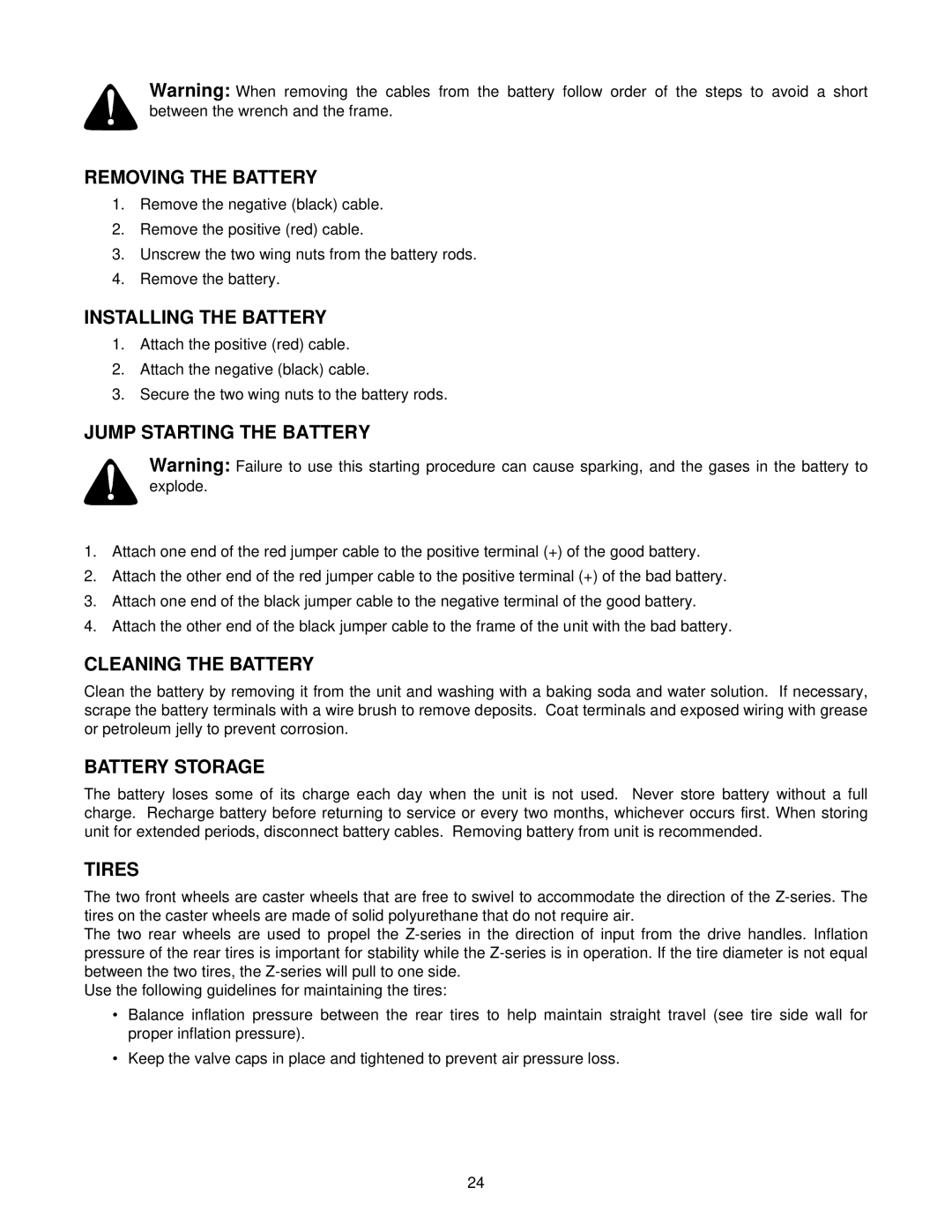 White Outdoor Z-185L, Z-205, Z-225 manual Removing the Battery, Installing the Battery, Jump Starting the Battery, Tires 
