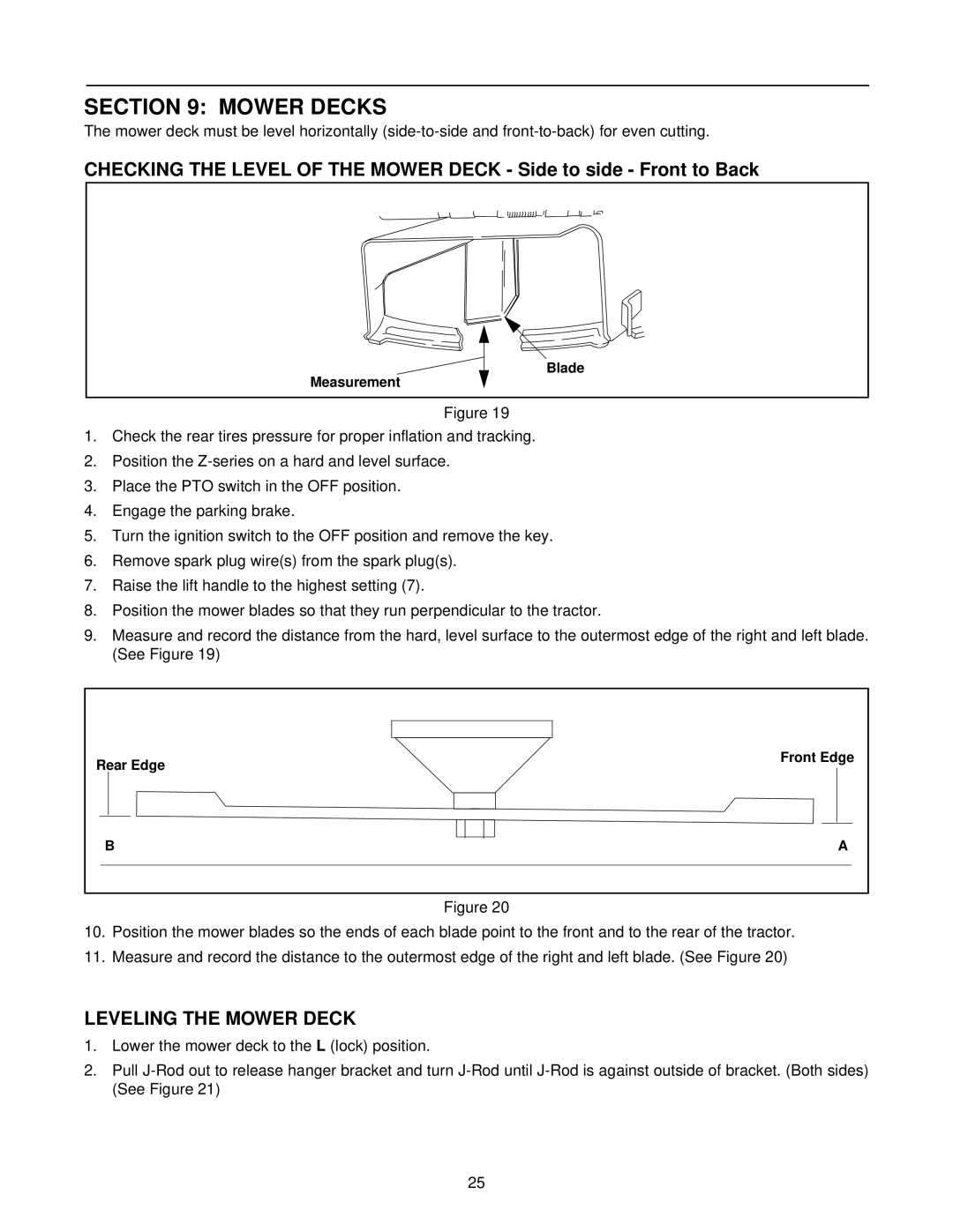 White Outdoor Z-185L, Z-205, Z-225 manual Mower Decks, Leveling the Mower Deck 