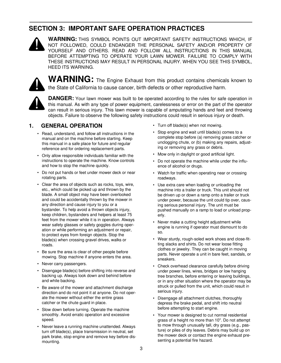 White Outdoor Z-185L, Z-205, Z-225 manual Important Safe Operation Practices, General Operation 