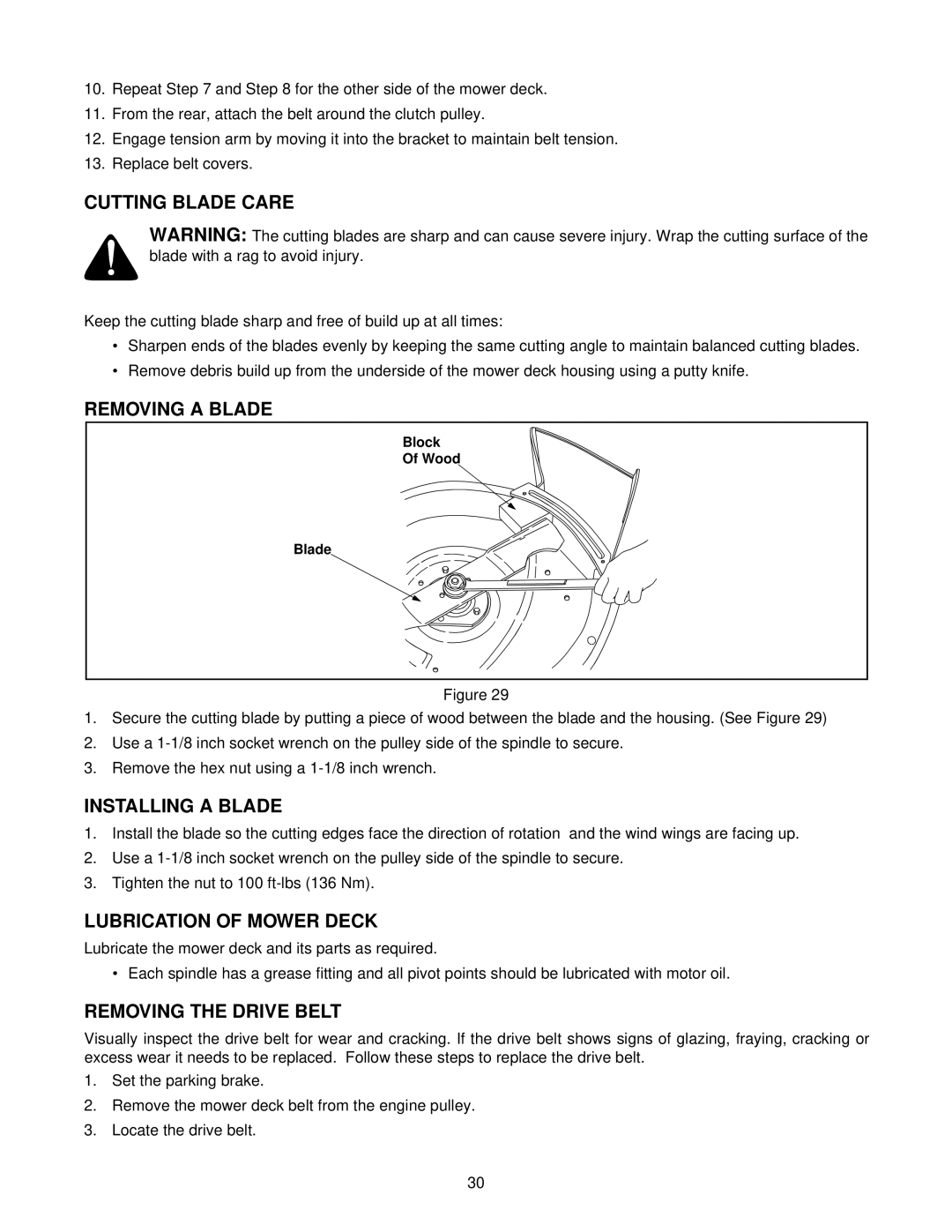 White Outdoor Z-185L, Z-205, Z-225 Cutting Blade Care, Removing a Blade, Installing a Blade, Lubrication of Mower Deck 