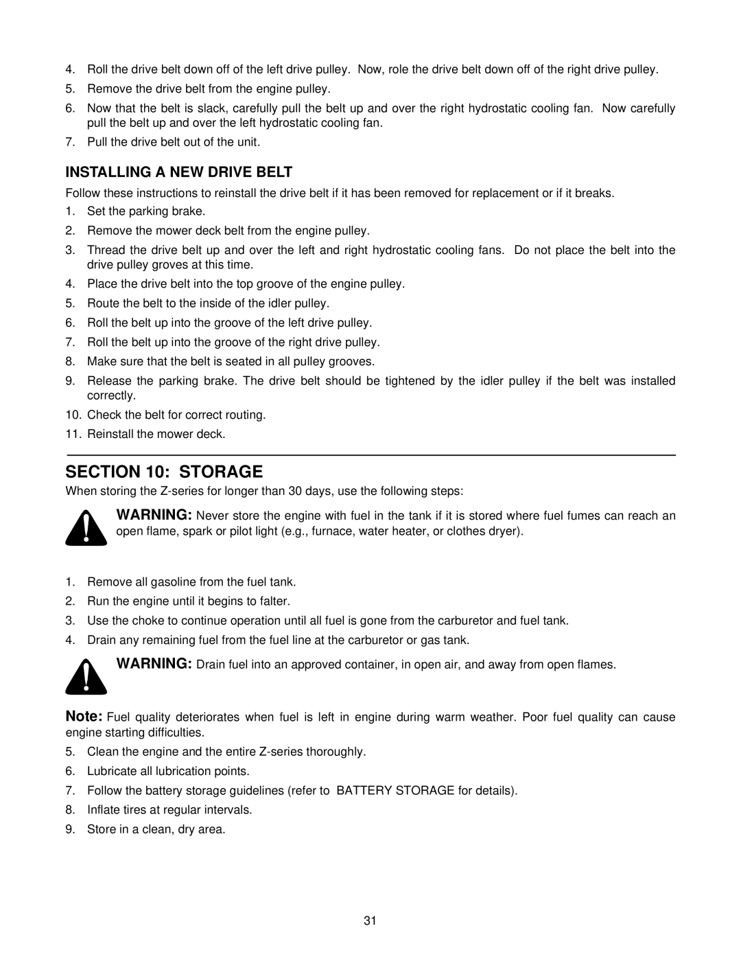 White Outdoor Z-185L, Z-205, Z-225 manual Storage, Installing a NEW Drive Belt 