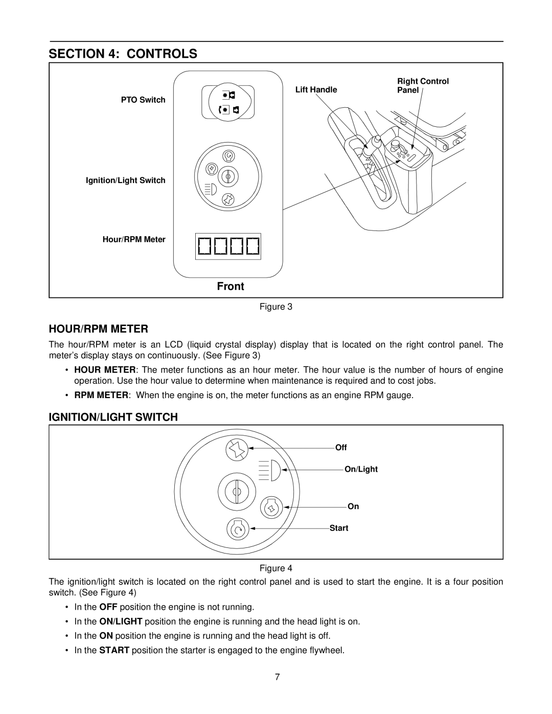 White Outdoor Z-185L, Z-205, Z-225 manual Controls, HOUR/RPM Meter, IGNITION/LIGHT Switch 