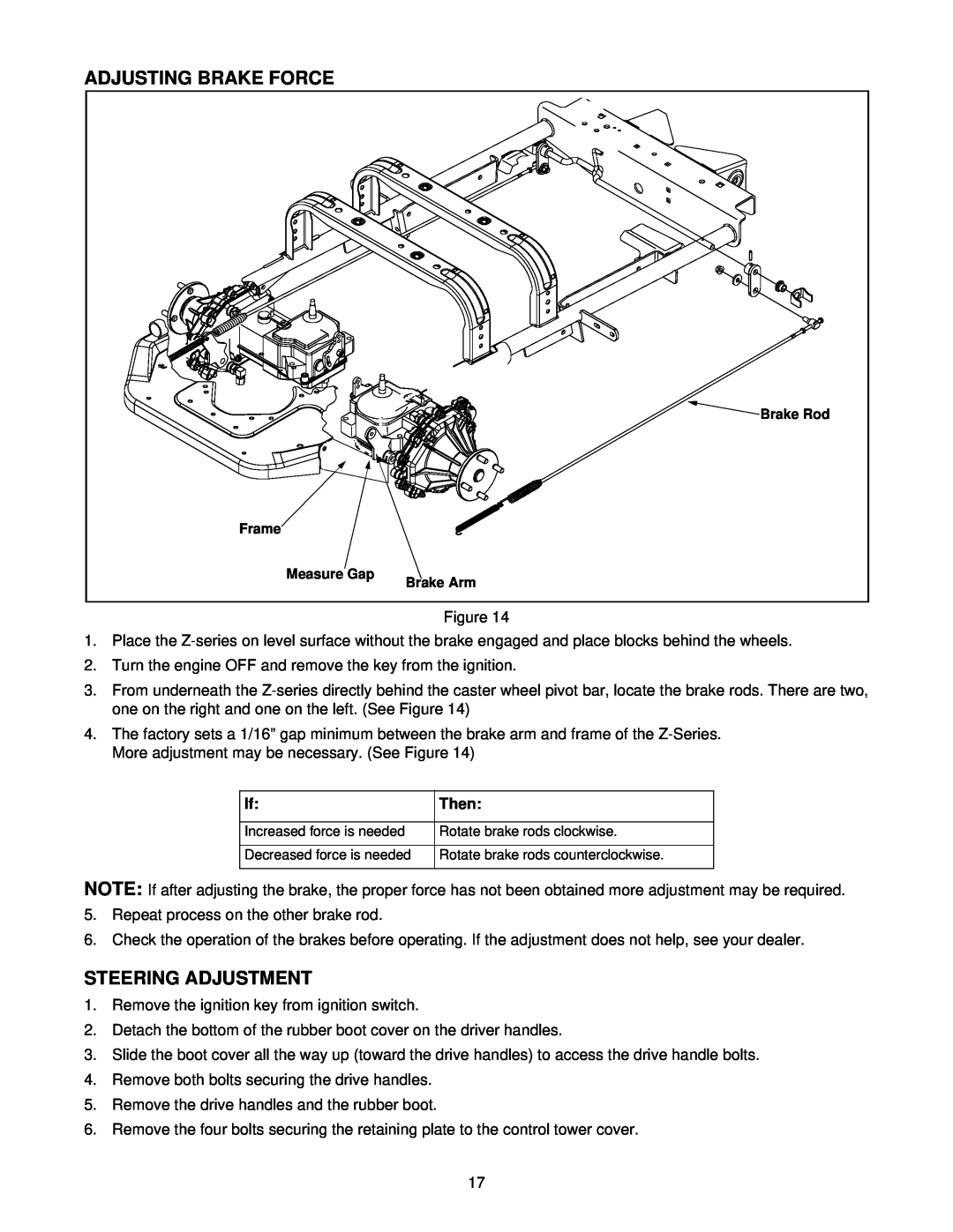 White Outdoor Z-185L, Z-205, Z-225 manual Adjusting Brake Force, Steering Adjustment, Then 
