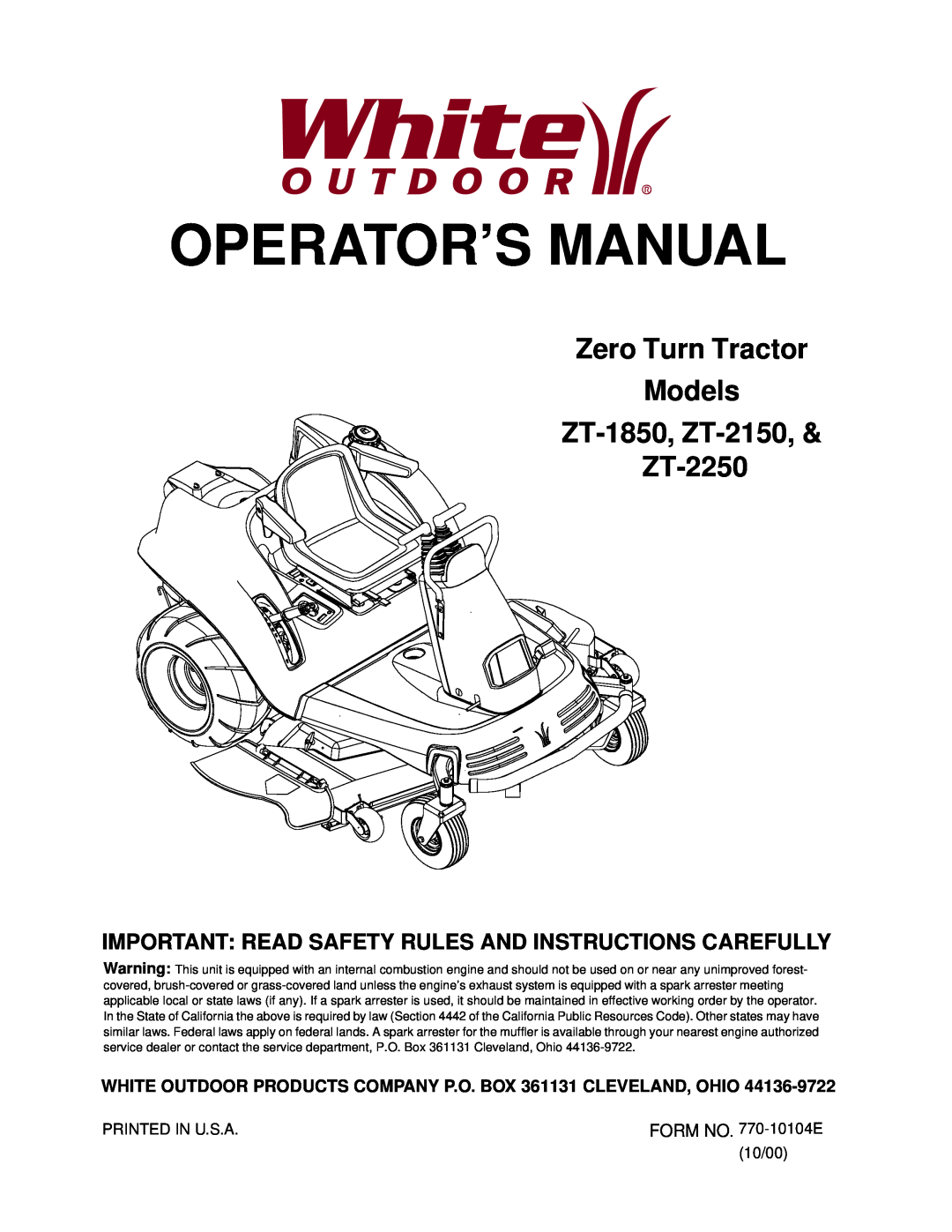 White Outdoor ZT-1850, ZT-2150, ZT-2250 manual Zero Turn Tractor Models ZT-1850, ZT-2150, Operator’S Manual 