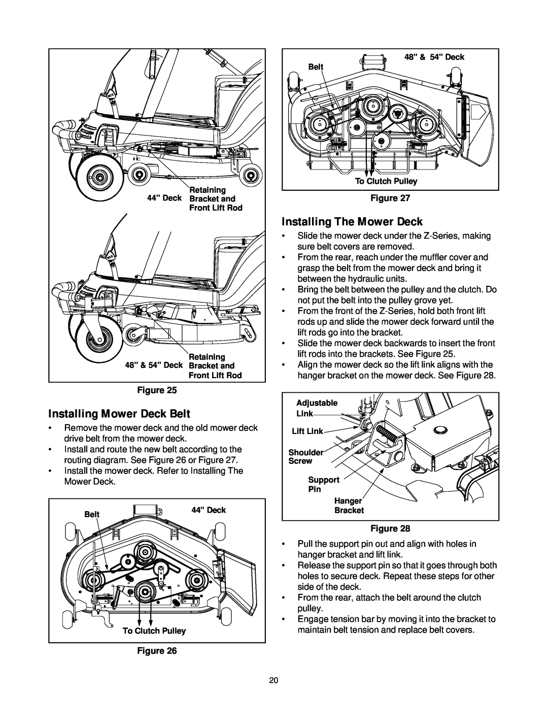 White Outdoor ZT-1850, ZT-2150, ZT-2250 manual Installing The Mower Deck, Installing Mower Deck Belt, Figure 