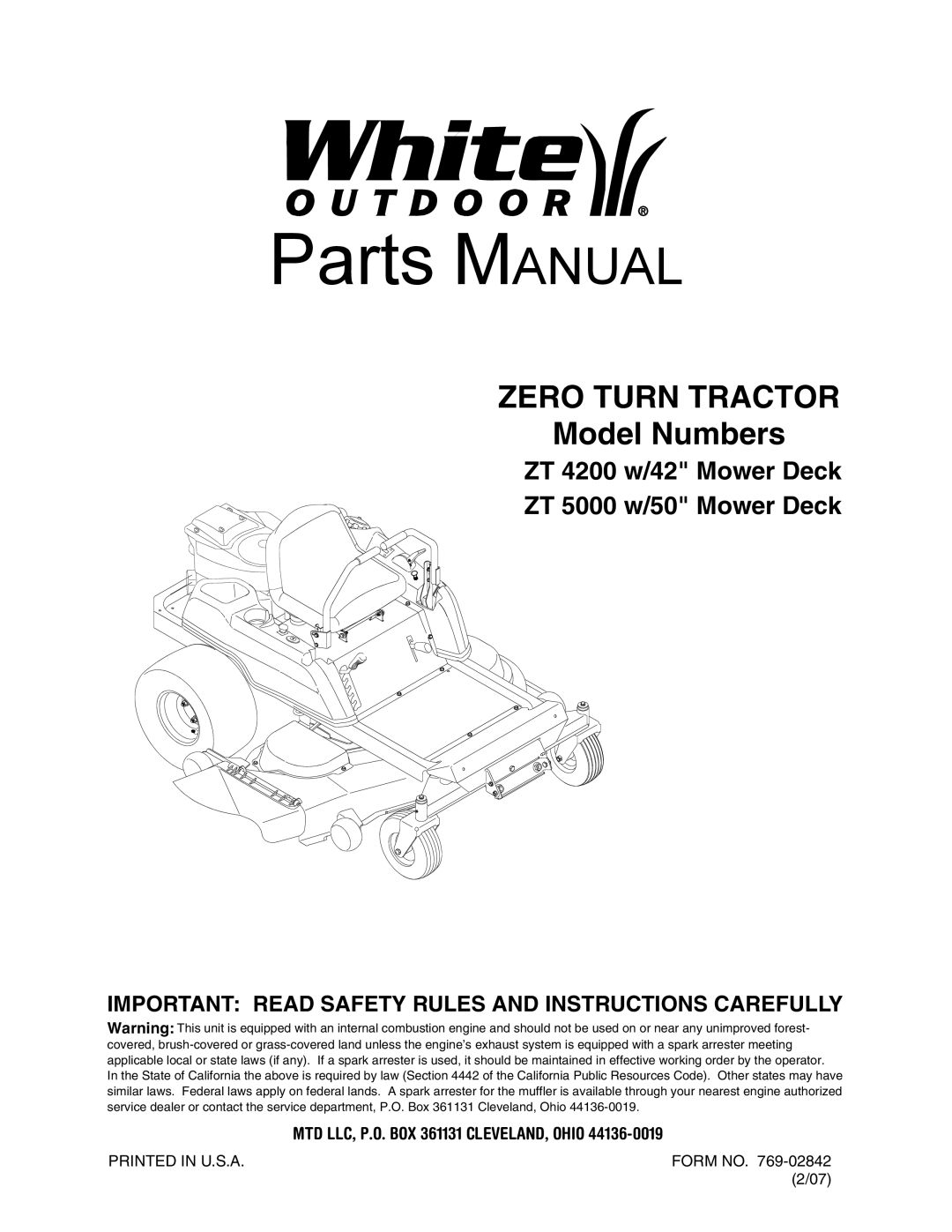 White Outdoor ZT 5000, ZT 4200 manual Parts Manual, Important Read Safety Rules and Instructions Carefully 