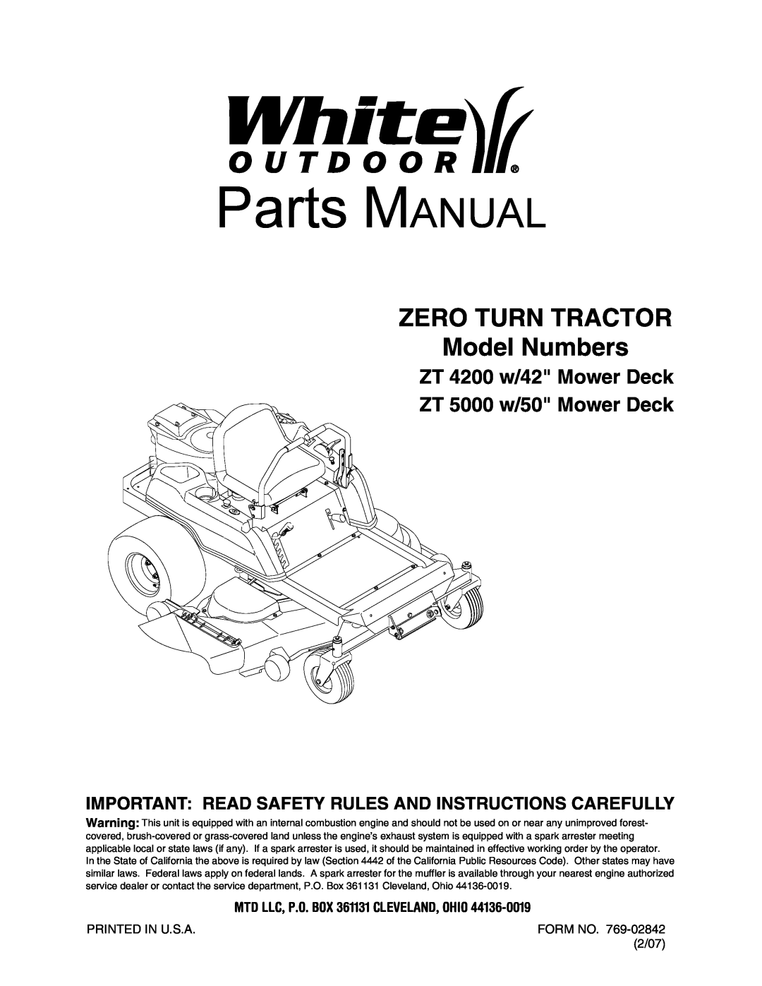 White Outdoor ZT 5000, ZT 4200 manual Form No, 2/07, Parts MANUAL, ZERO TURN TRACTOR Model Numbers 
