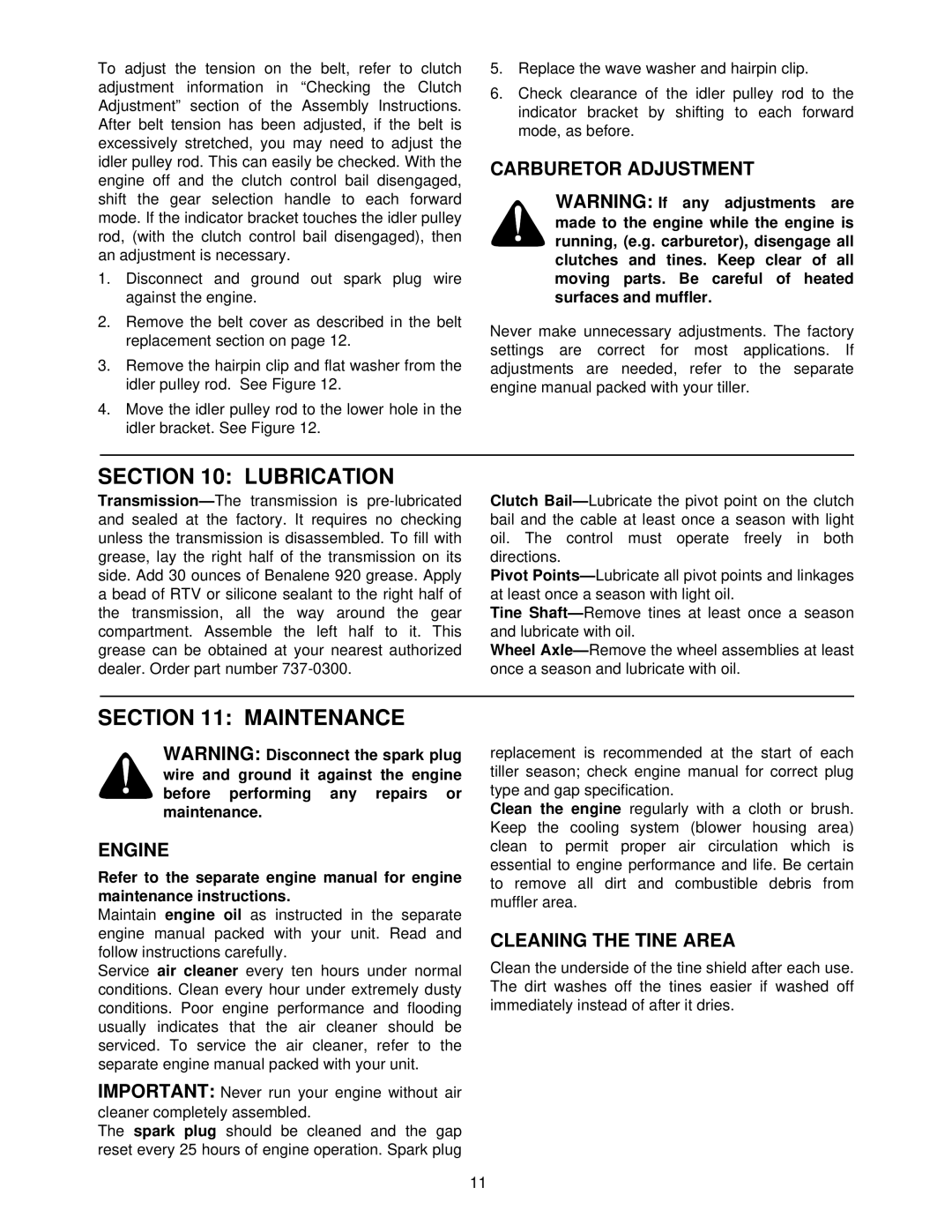 White RB650 manual Lubrication, Maintenance, Carburetor Adjustment, Engine, Cleaning the Tine Area 