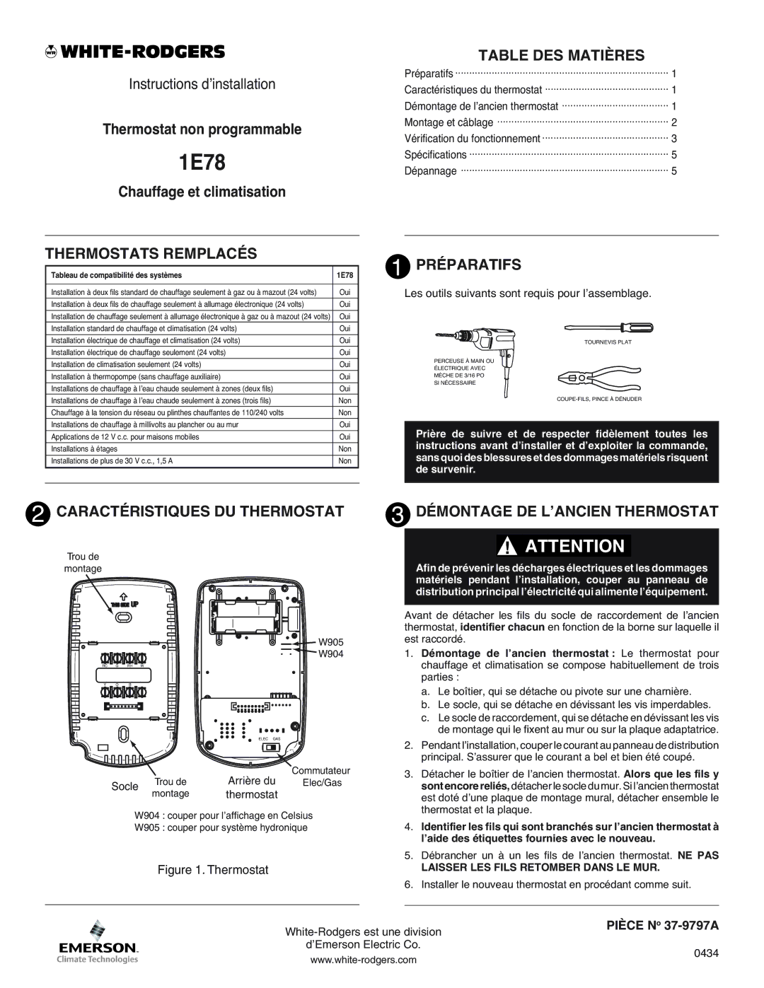 White Rodgers 1.00E+78 manual Thermostats Remplacés, Table DES Matières, Préparatifs, Caractéristiques DU Thermostat 