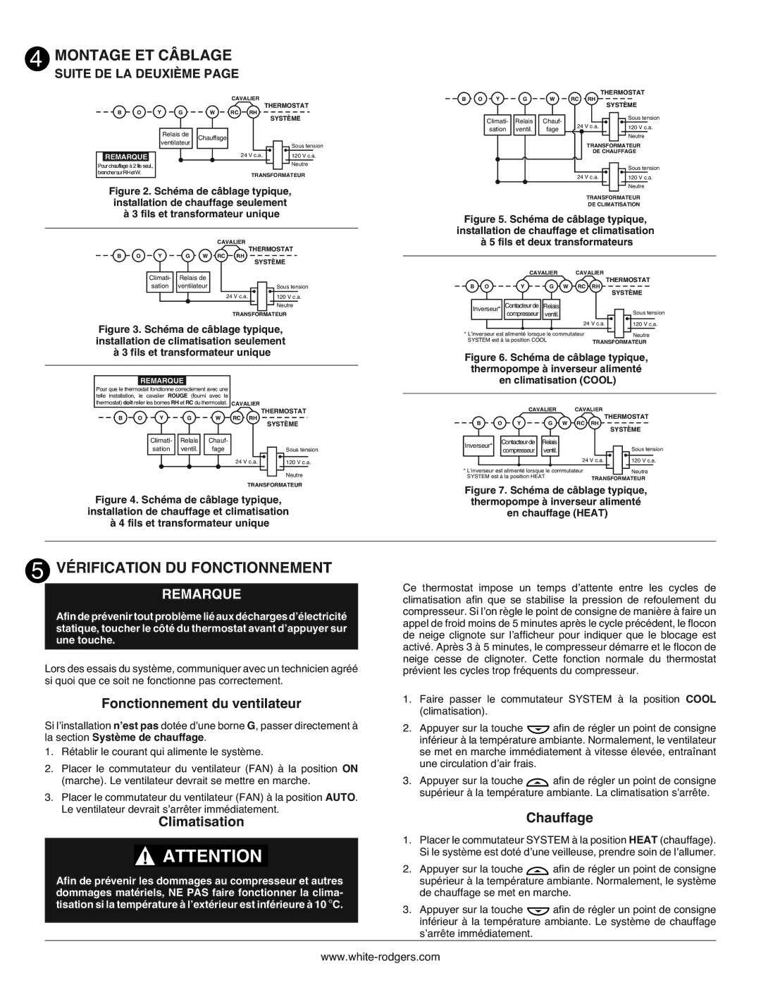 White Rodgers 1.00E+78 Vérification DU Fonctionnement, Remarque, Fonctionnement du ventilateur, Climatisation, Chauffage 