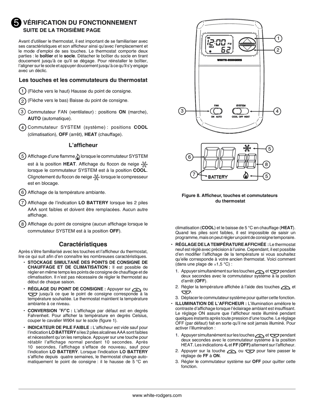 White Rodgers 1.00E+78 Caractéristiques, Les touches et les commutateurs du thermostat, ’afficheur, Suite DE LA Troisième 