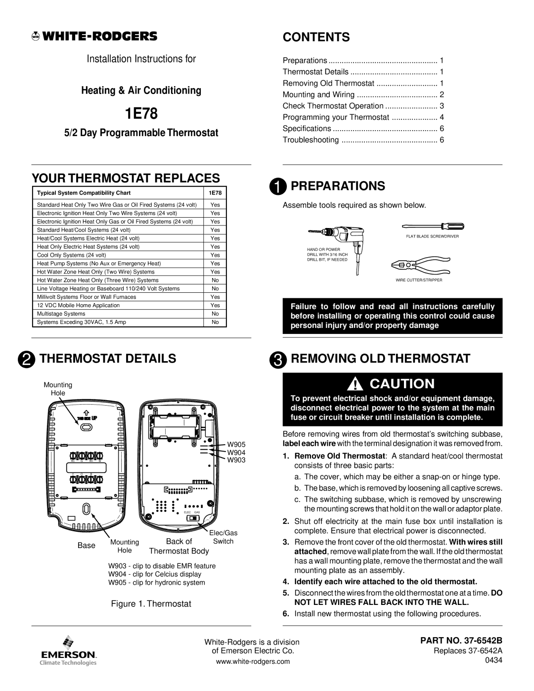 White Rodgers 1.00E+78 installation instructions Your Thermostat Replaces, Contents, Preparations, Thermostat Details 