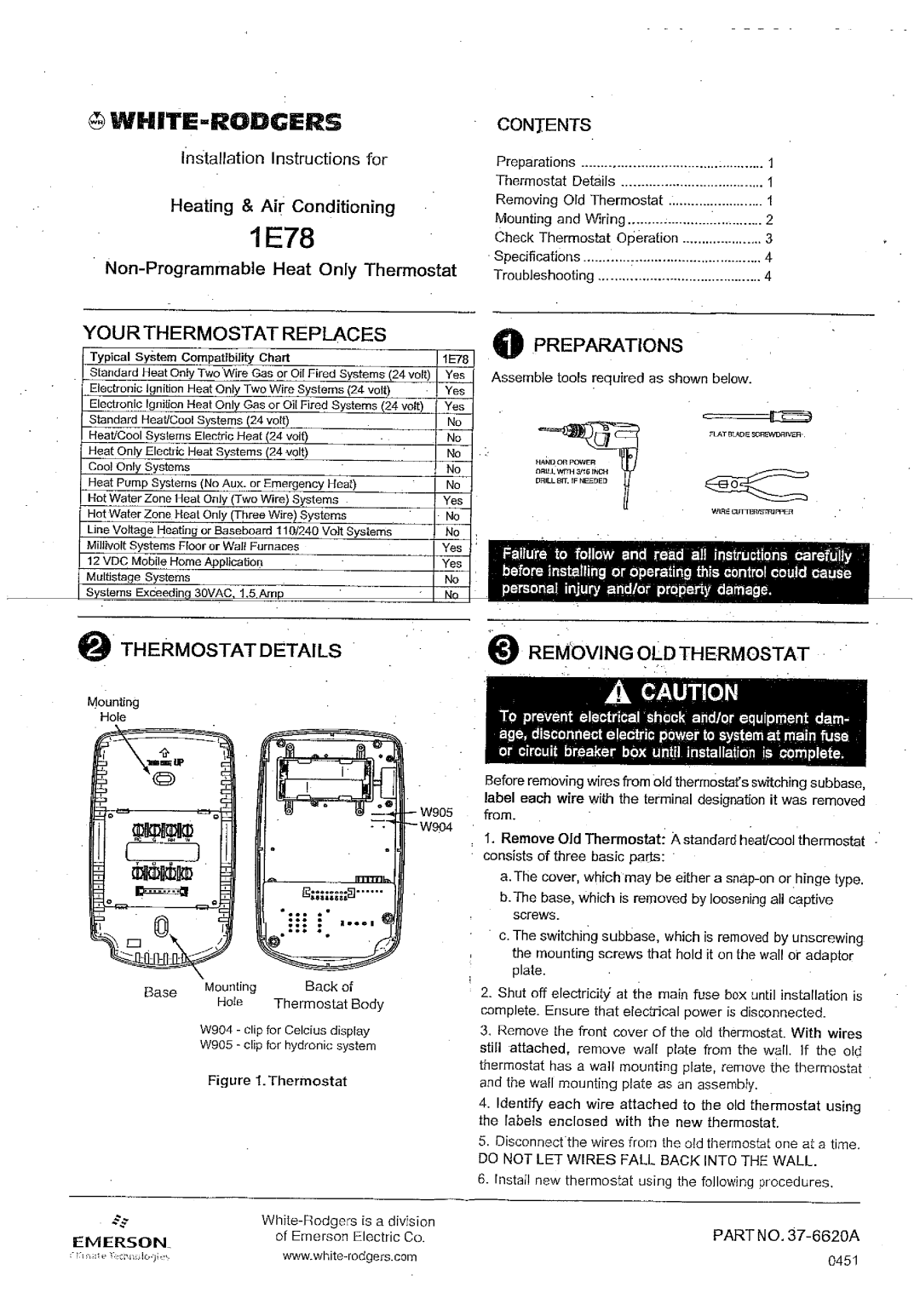 White Rodgers 1.00E+78 installation instructions Your Thermostat Replaces, Contents, Preparations, Thermostat Details 