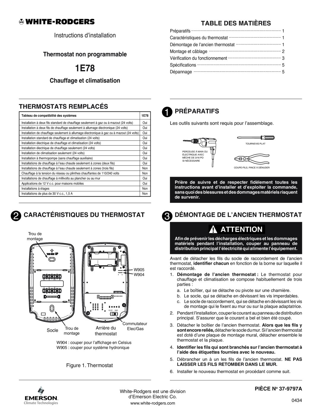 White Rodgers 1.00E+78 manual Thermostat non programmable, Chauffage et climatisation THERMOSTATS REMPLACÉS, 1PRÉPARATIFS 