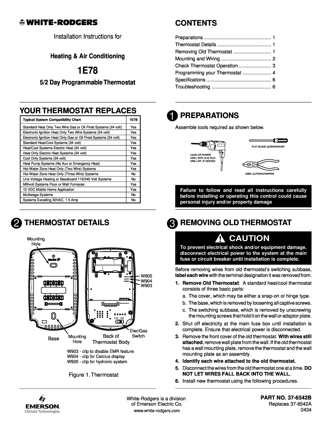 White Rodgers 1.00E+78 installation instructions Your Thermostat Replaces, Contents, Preparations, Thermostat Details 
