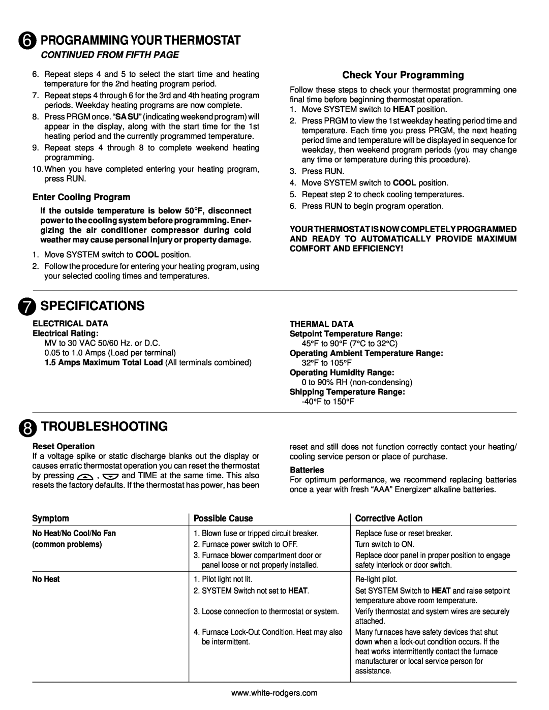 White Rodgers 1.00E+78 Specifications, Troubleshooting, Check Your Programming, Continued From Fifth Page, Symptom 