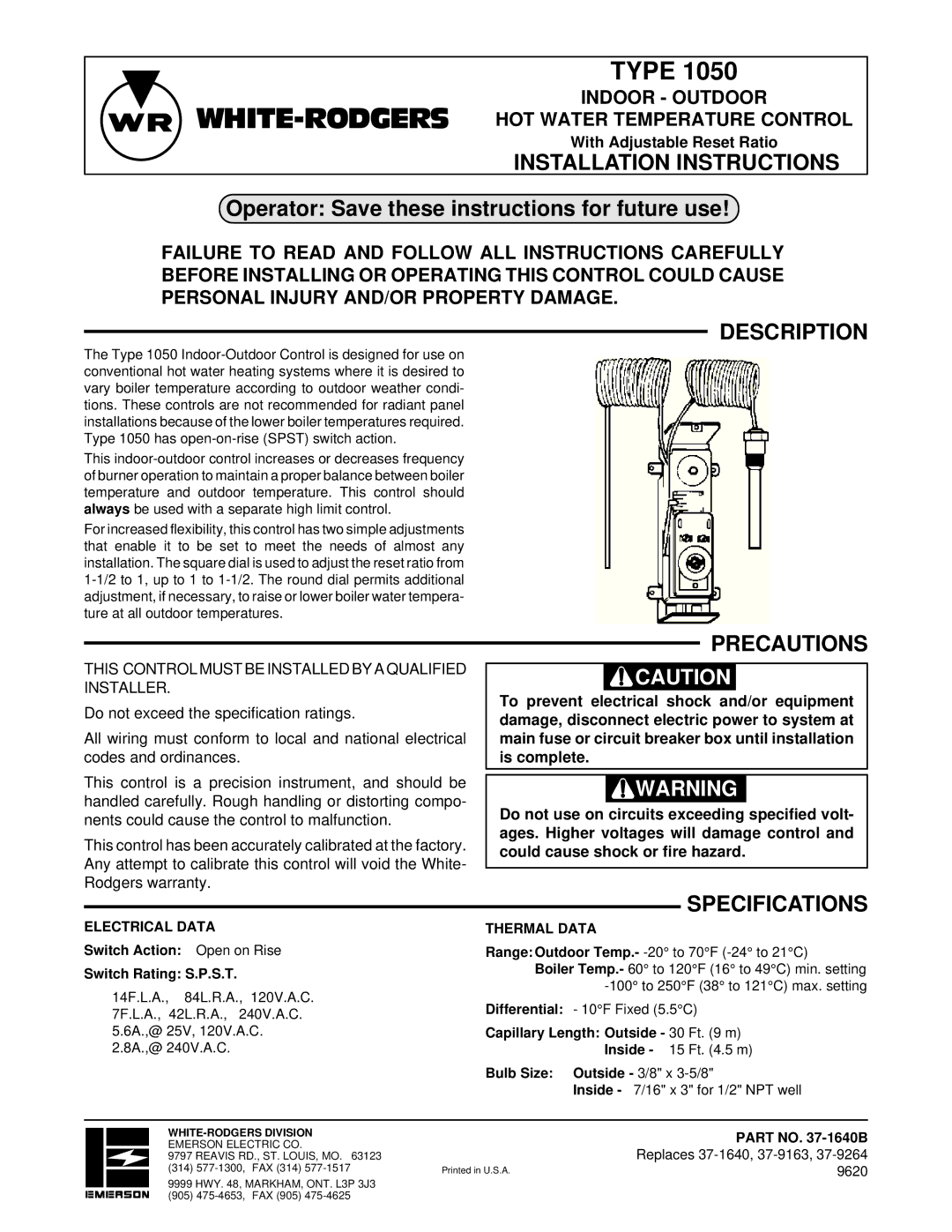 White Rodgers 1050 installation instructions Installation Instructions, Operator Save these instructions for future use 