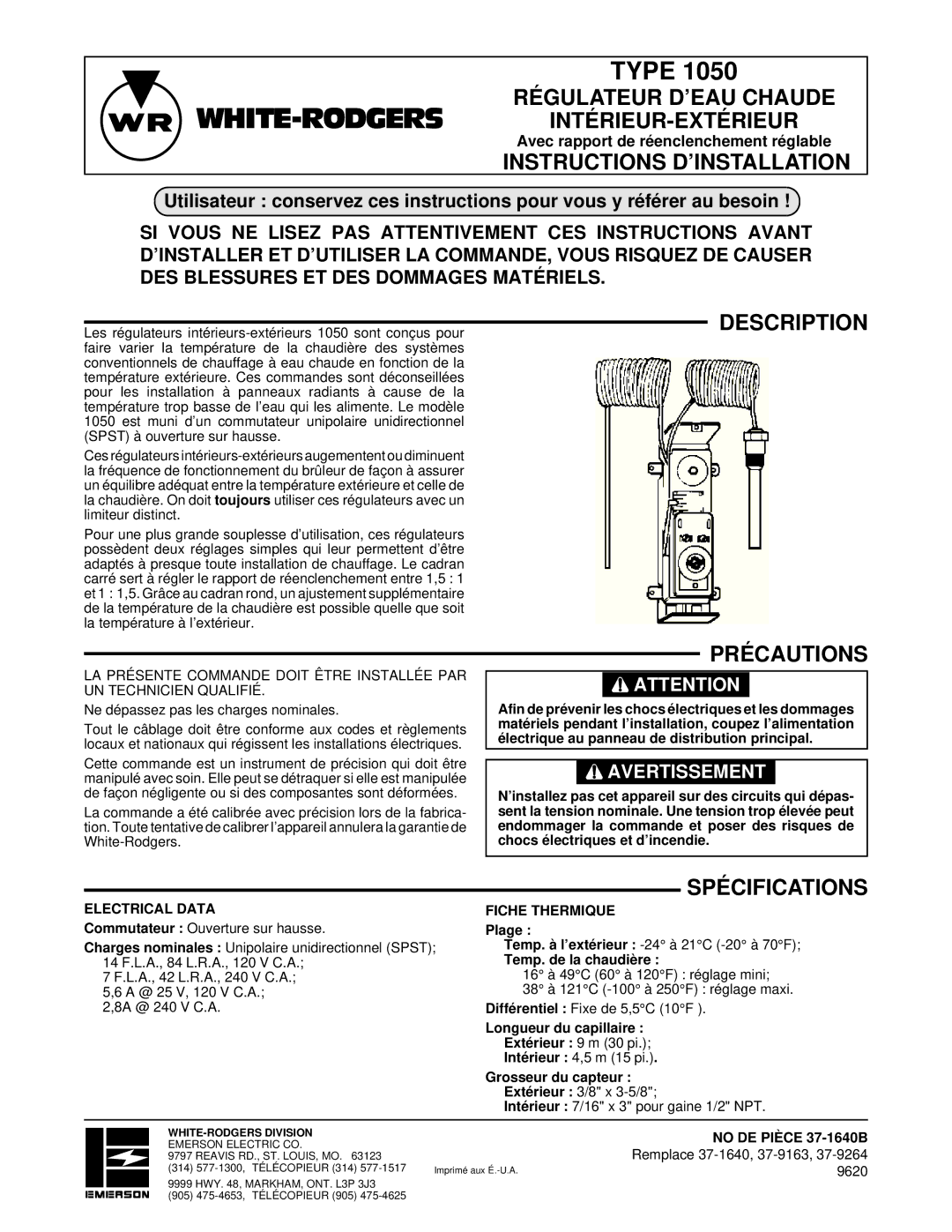 White Rodgers 1050 Régulateur D’EAU Chaude INTÉRIEUR-EXTÉRIEUR, Instructions D’INSTALLATION, Description Précautions 