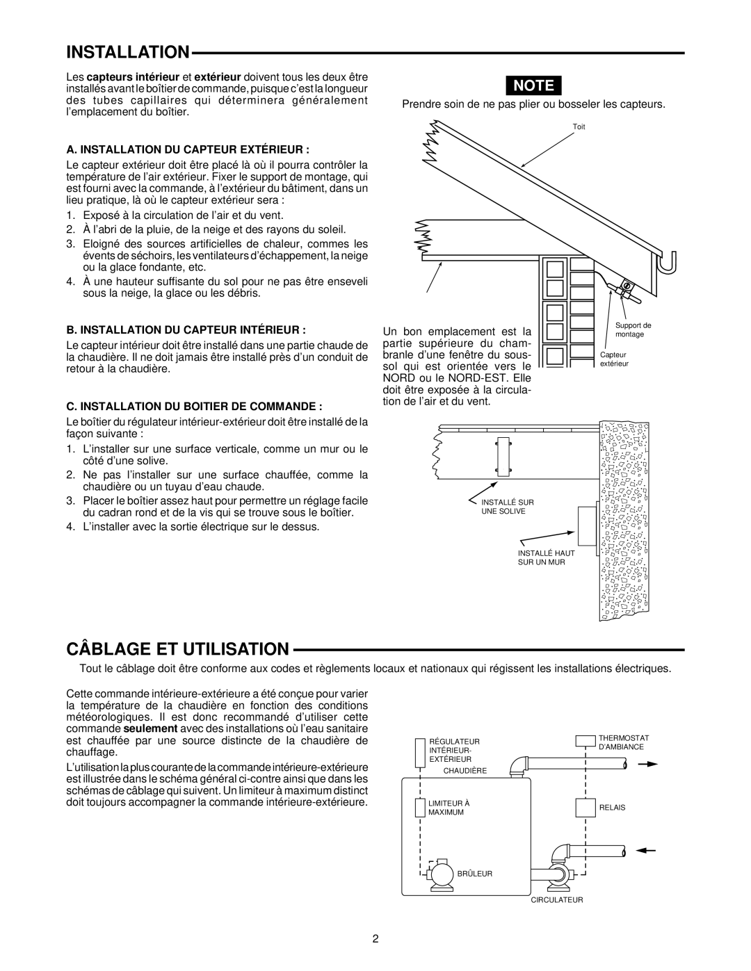 White Rodgers 1050 Câblage ET Utilisation, Installation DU Capteur Extérieur, Installation DU Capteur Intérieur 