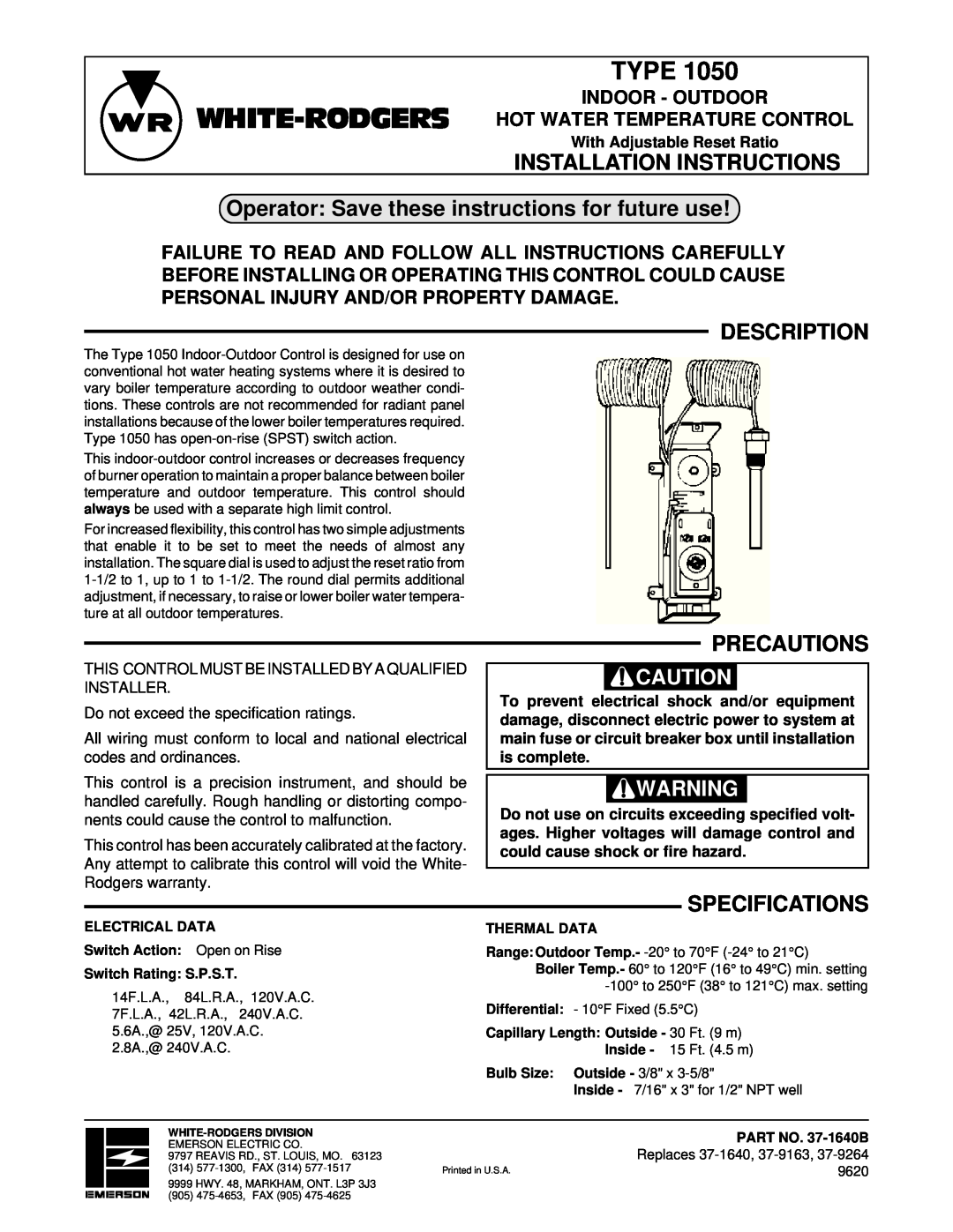 White Rodgers 1050 installation instructions Type, Installation Instructions, Description, Precautions, Specifications 
