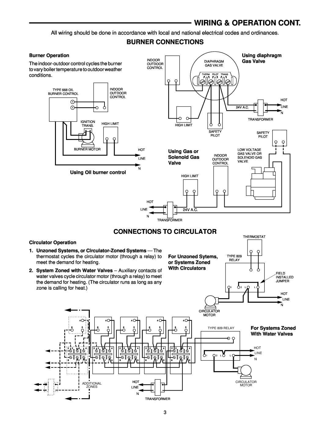 White Rodgers 1050 Wiring & Operation Cont, Burner Connections, Connections To Circulator, Burner Operation, Using Gas or 