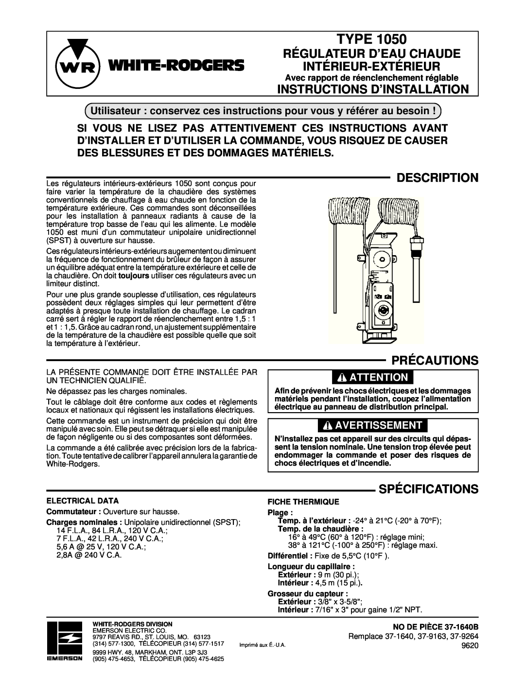 White Rodgers 1050 Régulateur D’Eau Chaude Intérieur-Extérieur, Instructions D’Installation, Description Précautions, Type 