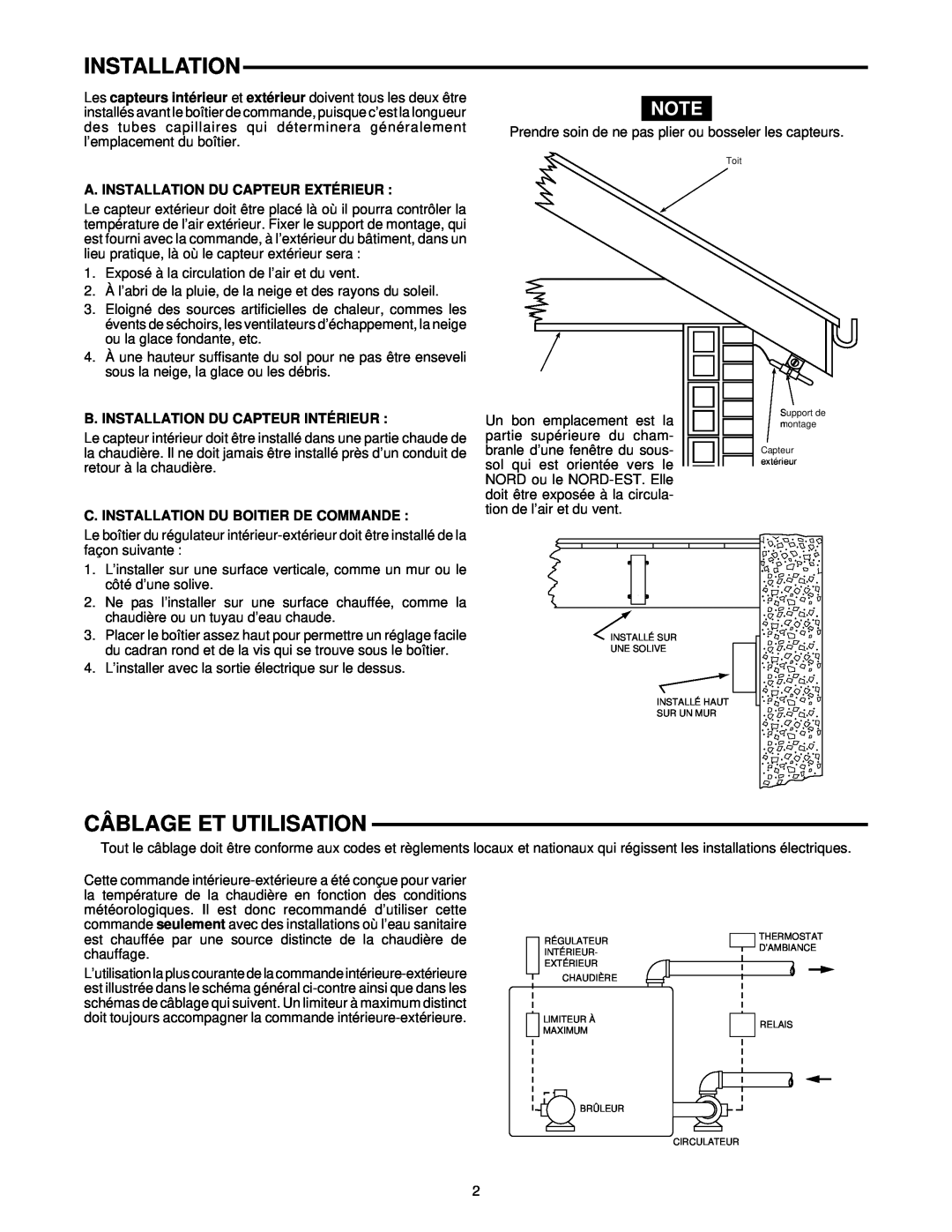 White Rodgers 1050 Câblage Et Utilisation, A. Installation Du Capteur Extérieur, B. Installation Du Capteur Intérieur 